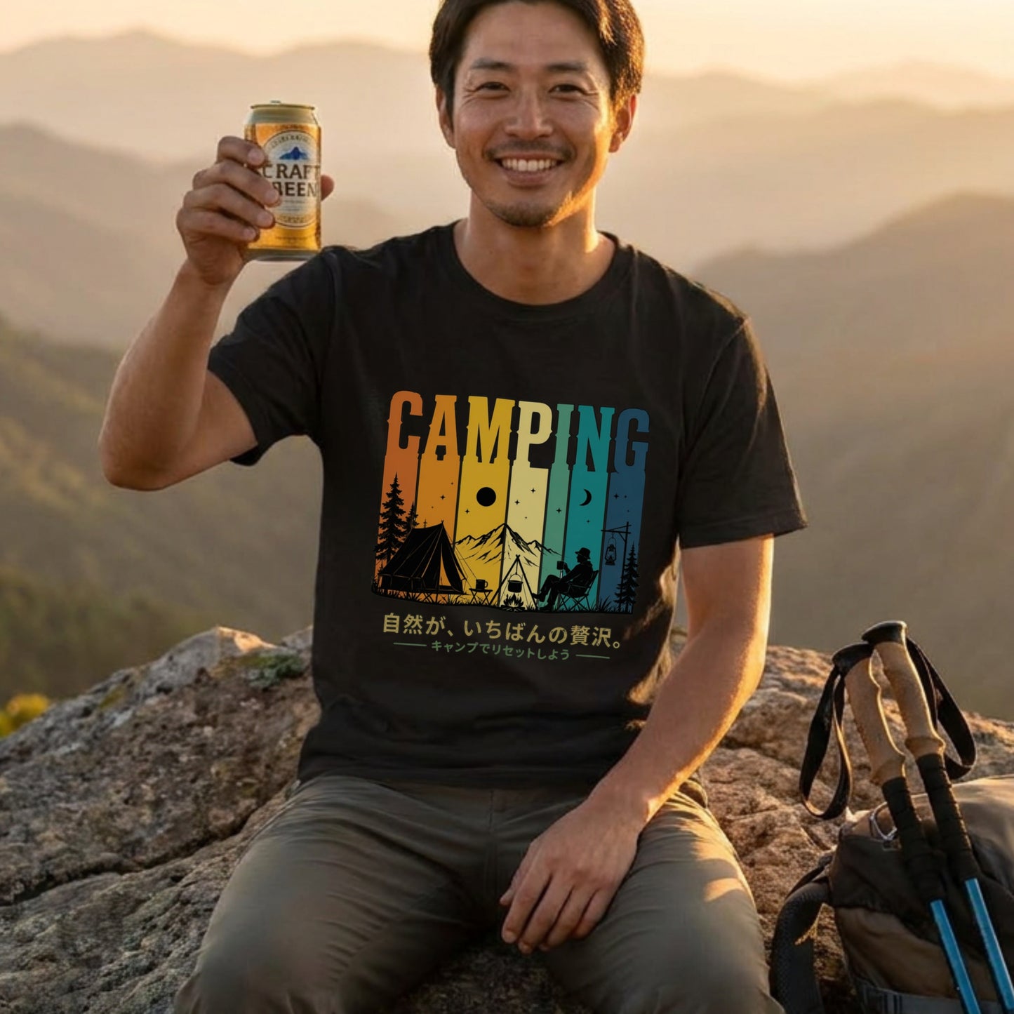 【自然は最高の贅沢です。】レトロサンセットキャンプ白黒Tシャツ｜CAMPMODE