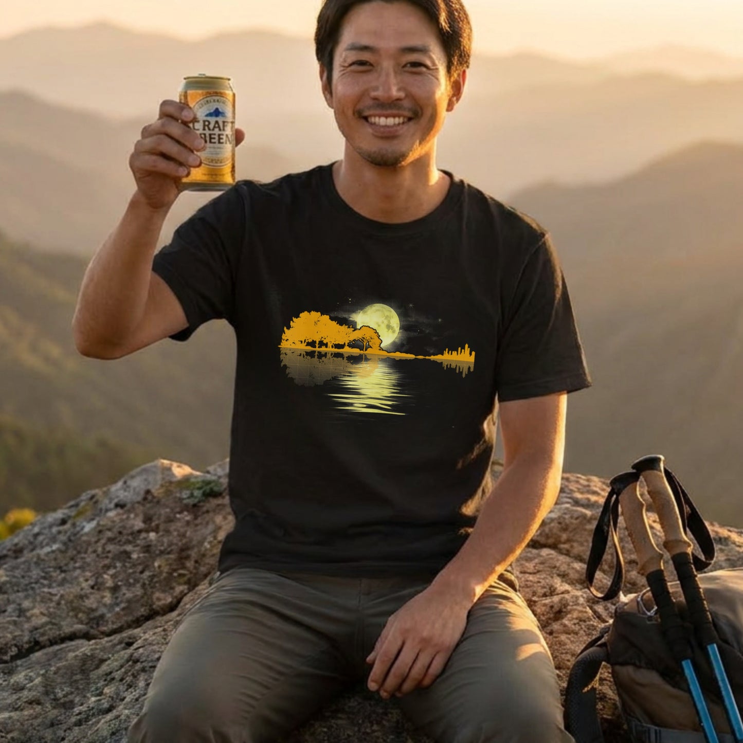 【ギター＆湖畔の満月・水面リフレクション】おしゃれキャンプ黒Tシャツ | CAMPMODE