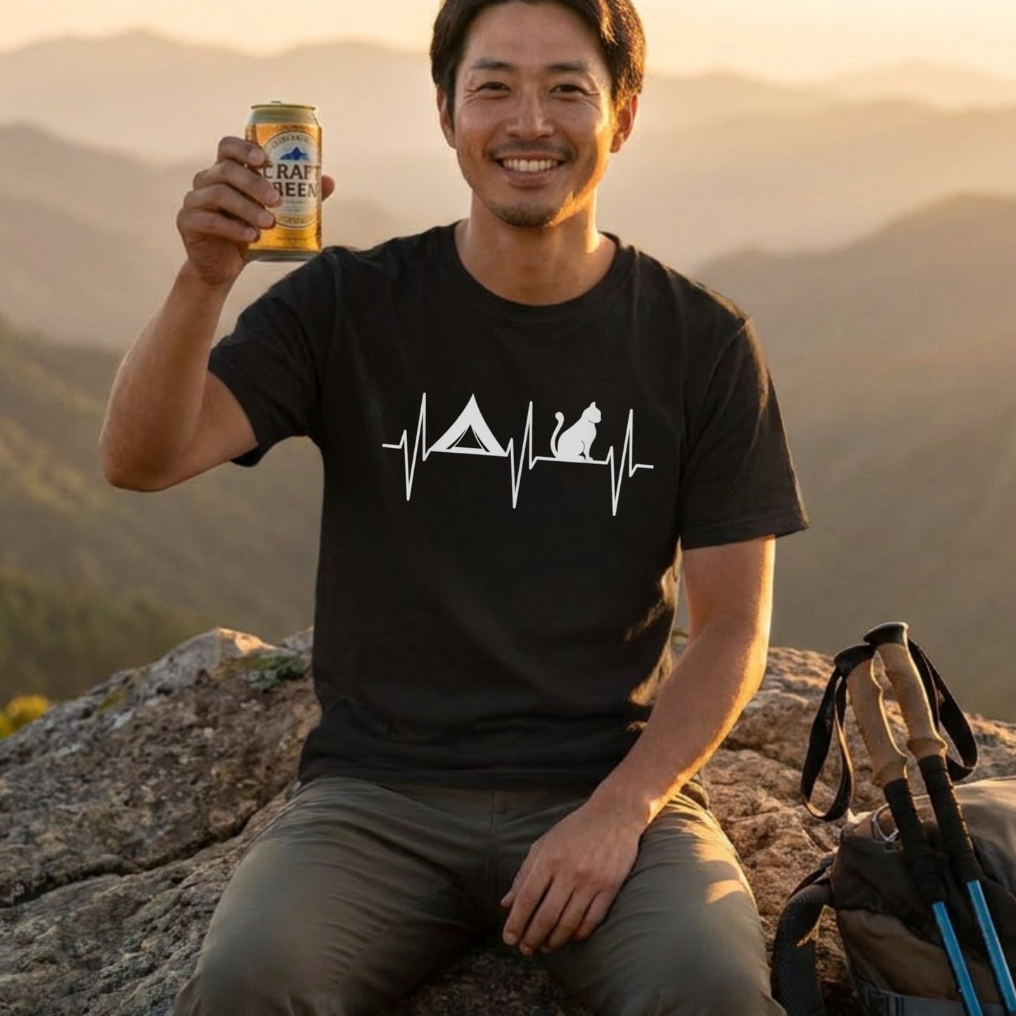 【心電図×テント×猫】キャンプ＆ネコ好き ハートビートグラフィック黒Tシャツ | CAMPMODE