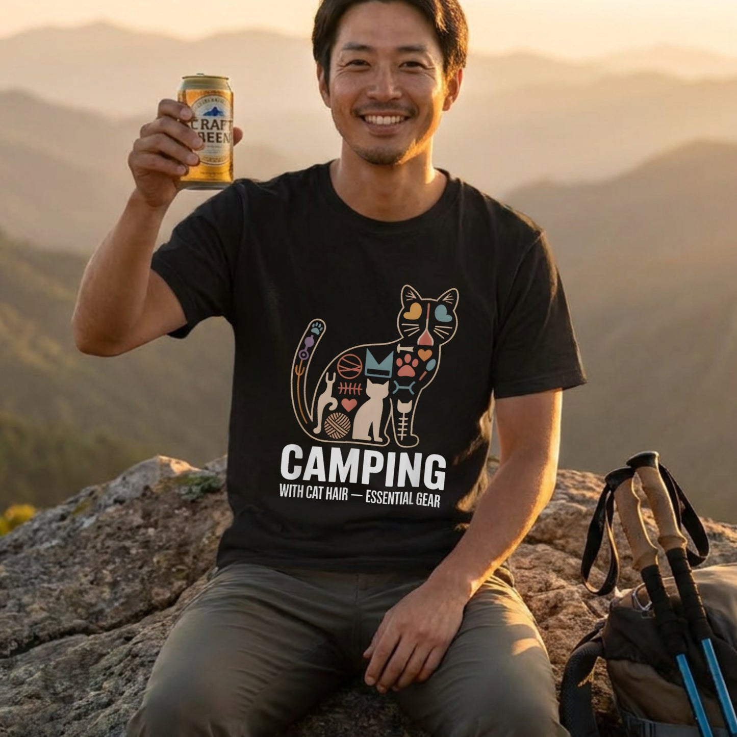 【猫の毛は必須ギア】CAMPING WITH CAT HAIR モザイク猫グラフィック黒Tシャツ | CAMPMODE