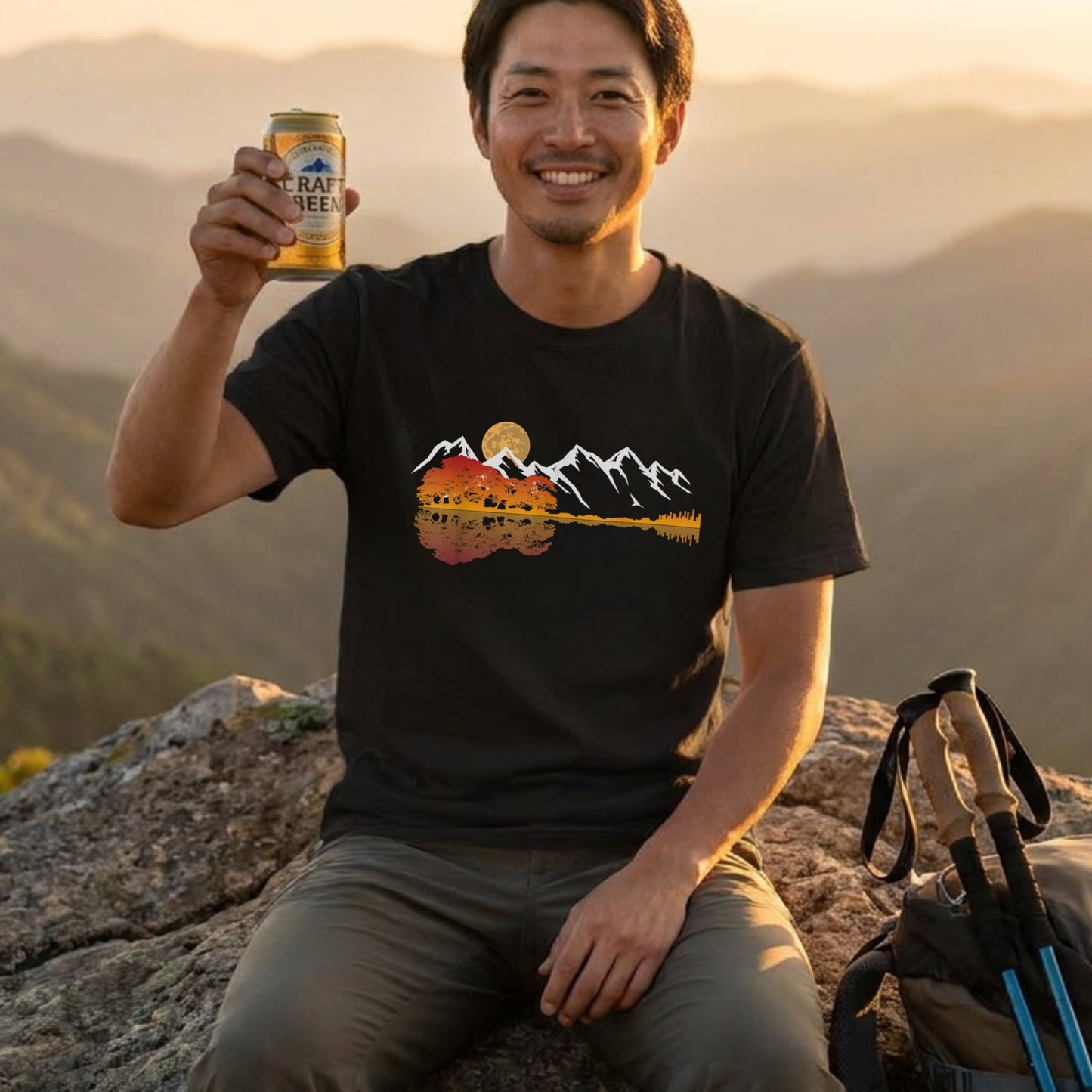 【ギター＆秋の紅葉・水面リフレクション】おしゃれキャンプ黒Tシャツ | CAMPMODE