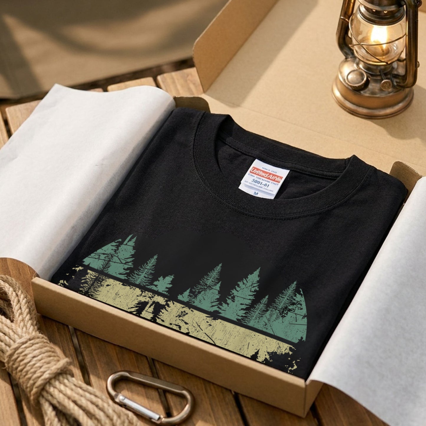 【Vintage Sunset Pine Forest】70sボーダーサンセット＆針葉樹林 黒Tシャツ | CAMPMODE