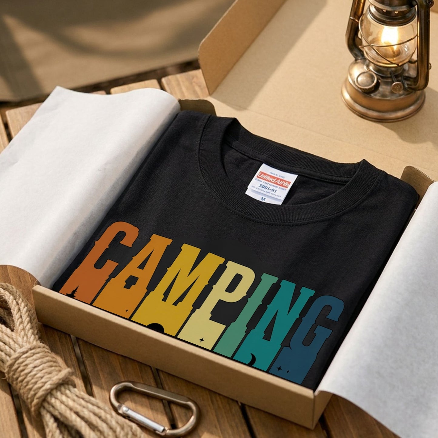 【自然は最高の贅沢です。】レトロサンセットキャンプ白黒Tシャツ｜CAMPMODE