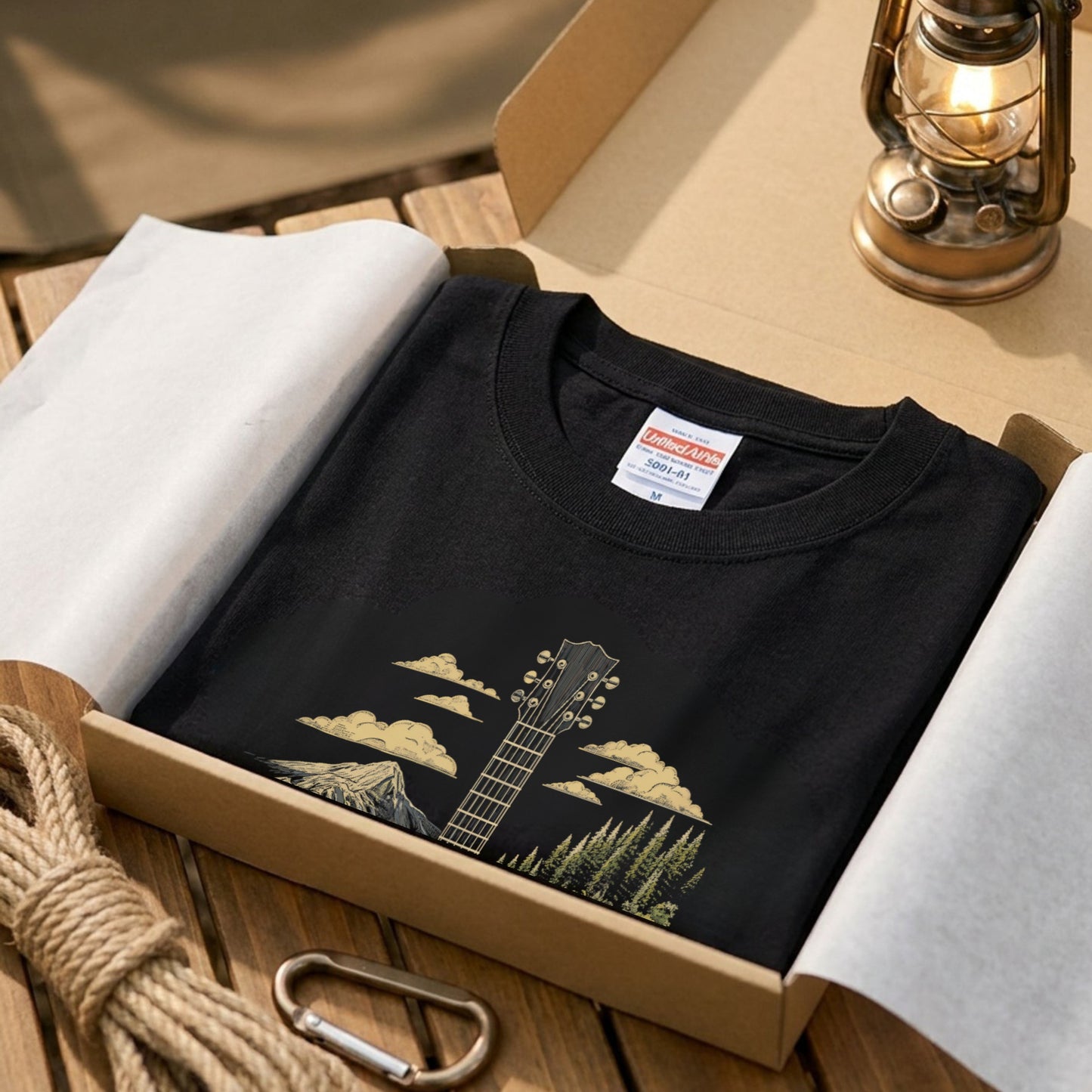 【縦型ギター＆渓流・森・山並み】おしゃれキャンプ黒Tシャツ | CAMPMODE