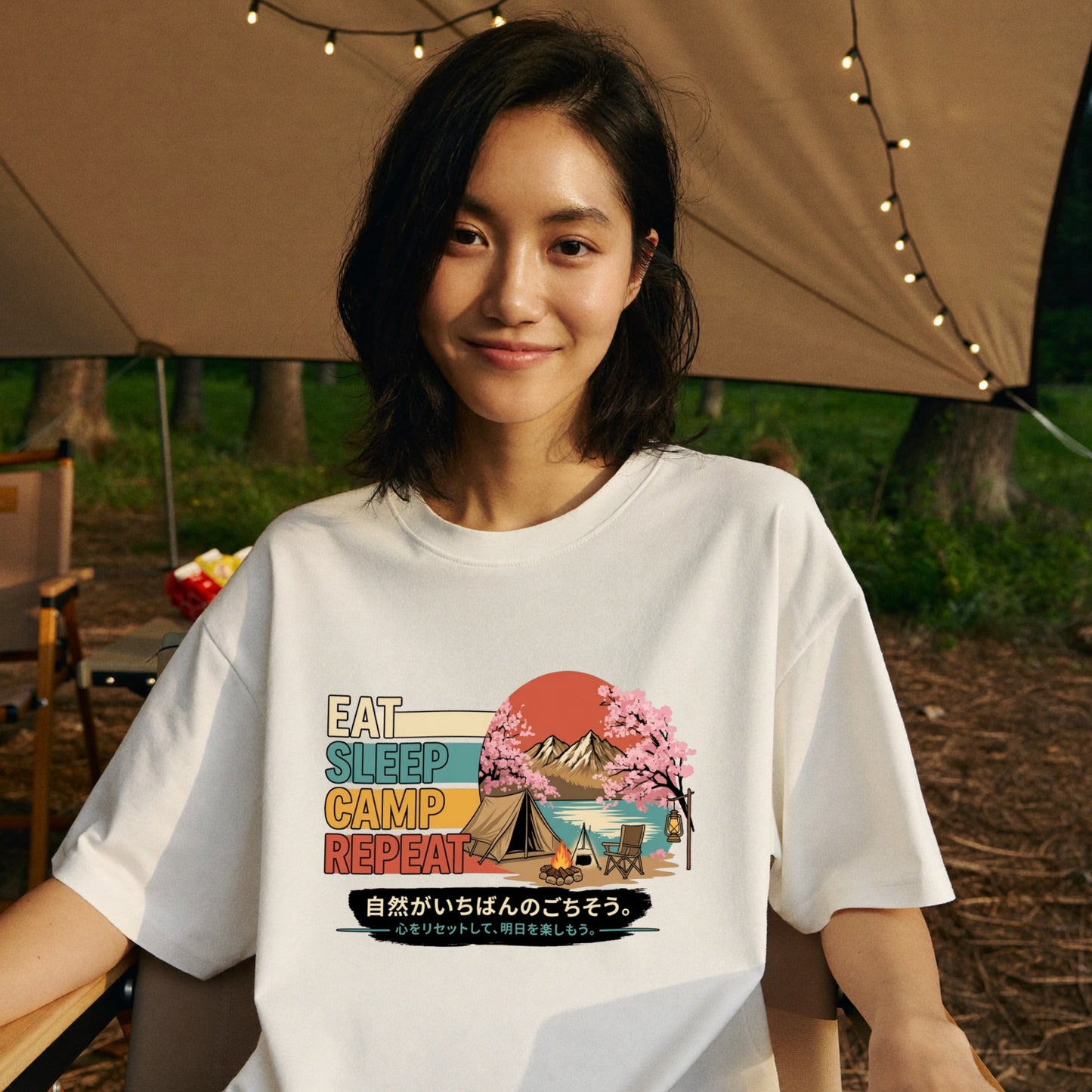 EAT SLEEP CAMP REPEAT 白Tシャツ | CAMPMODE