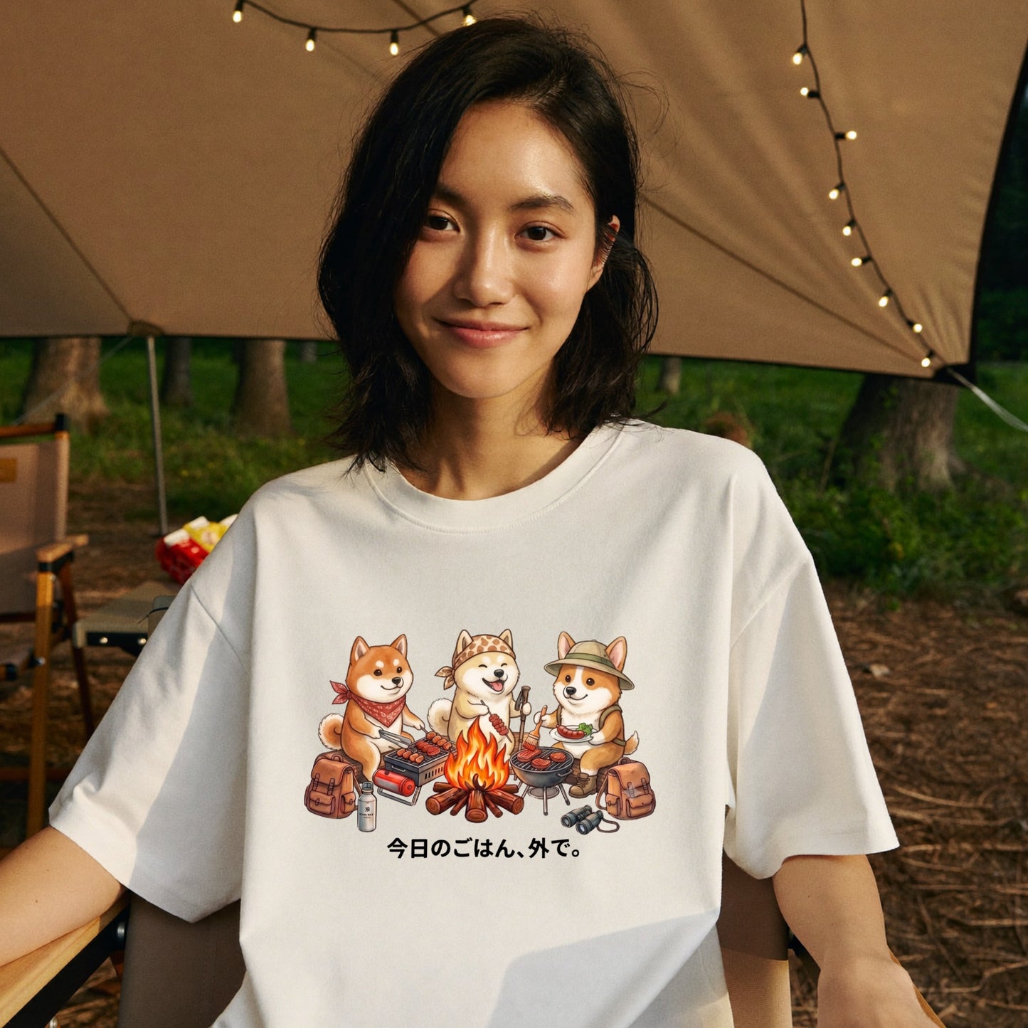 【柴犬・キャンプ＆BBQ】おしゃれな白Tシャツ2 | CAMPMODE