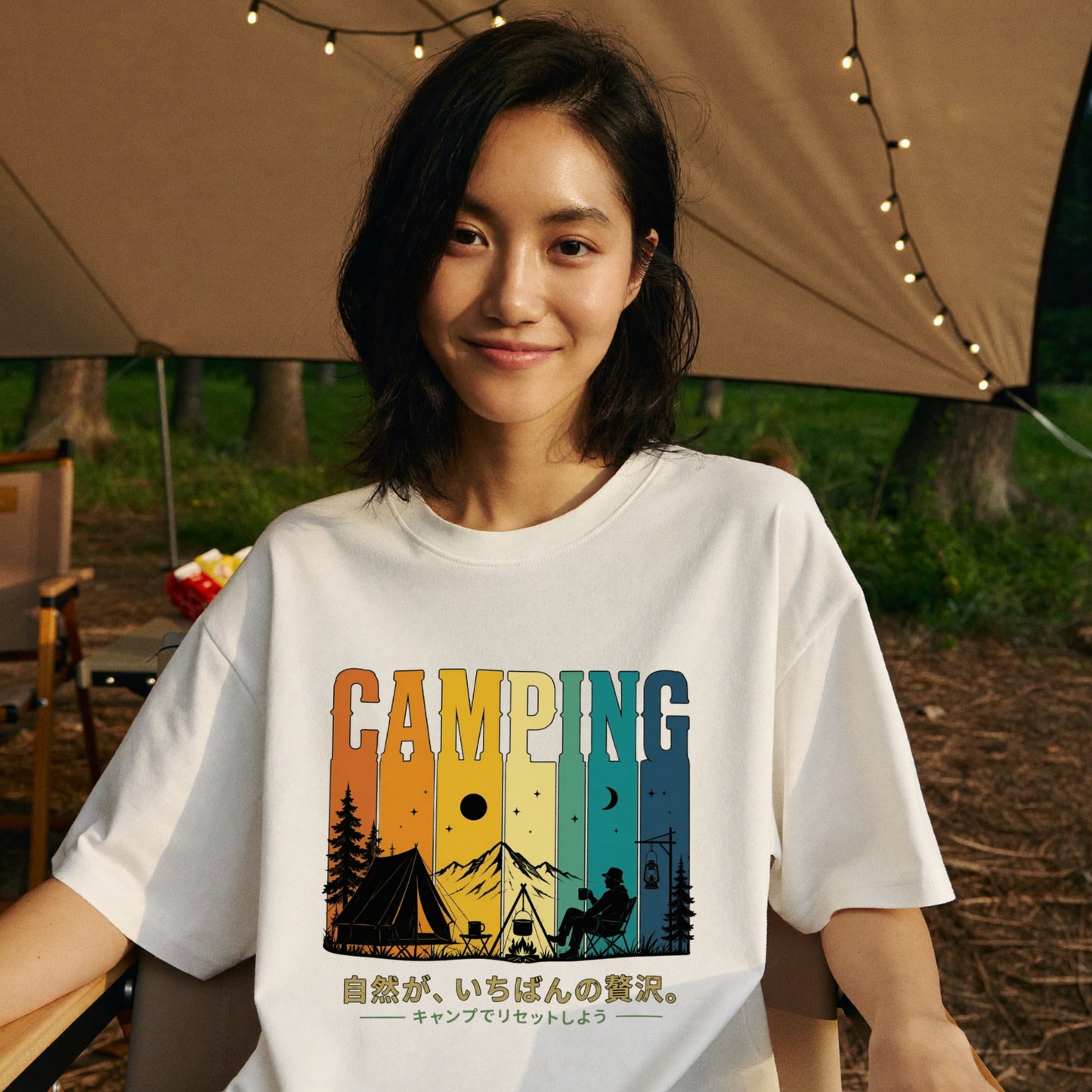 【自然は最高の贅沢です。】レトロサンセットキャンプ白黒Tシャツ｜CAMPMODE