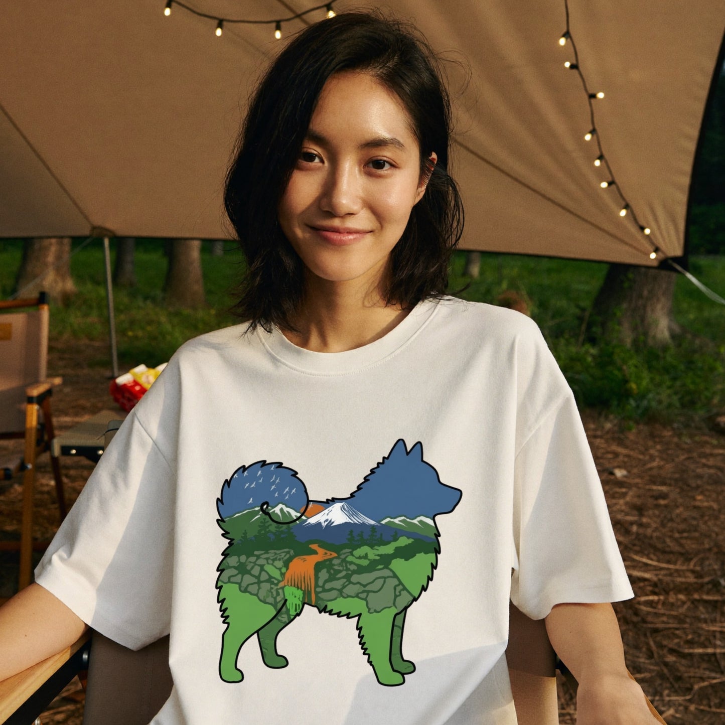 【Japanese Spitz】自然風景ダブルエスポージャー白Tシャツ | CAMPMODE