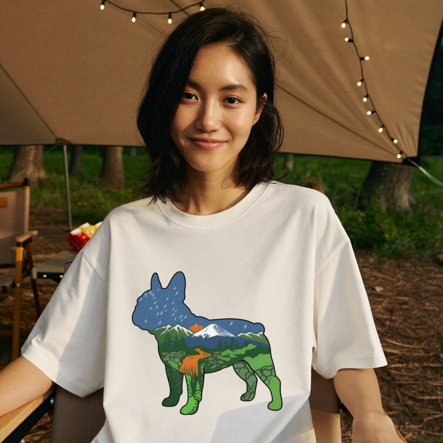 【French Bulldog】自然風景ダブルエスポージャー黒Tシャツ | CAMPMODE