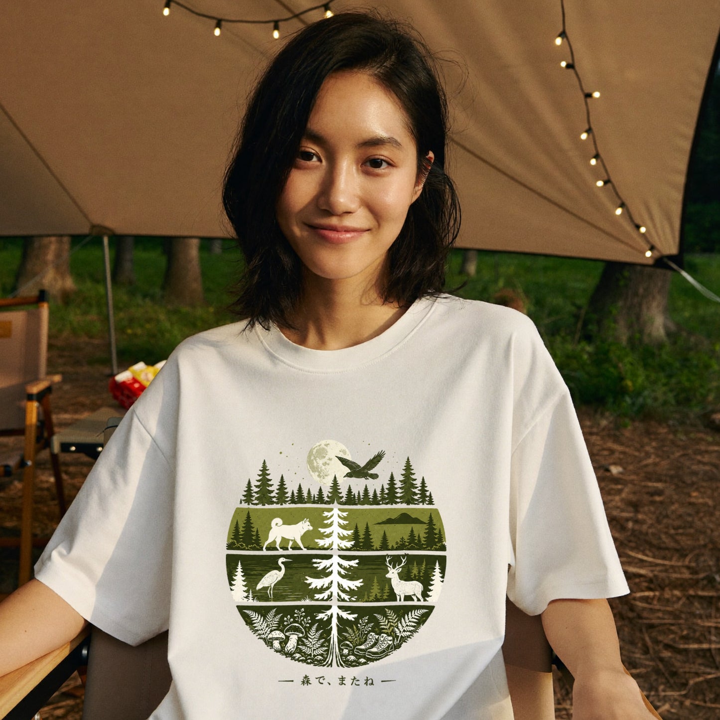 【森で、またね】自然・動物の生態系デザイン白Tシャツ | CAMPMODE