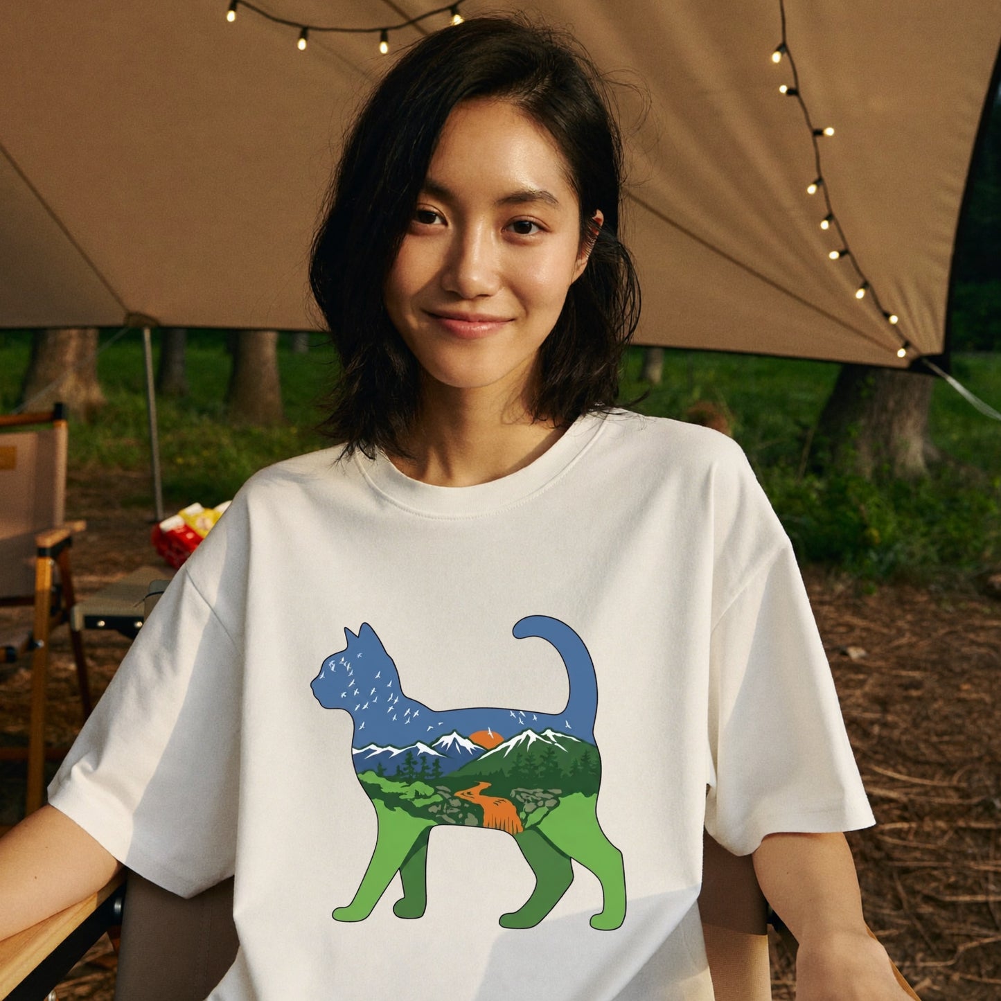 猫と自然風景ダブルエスポージャーTシャツ | CAMPMODE