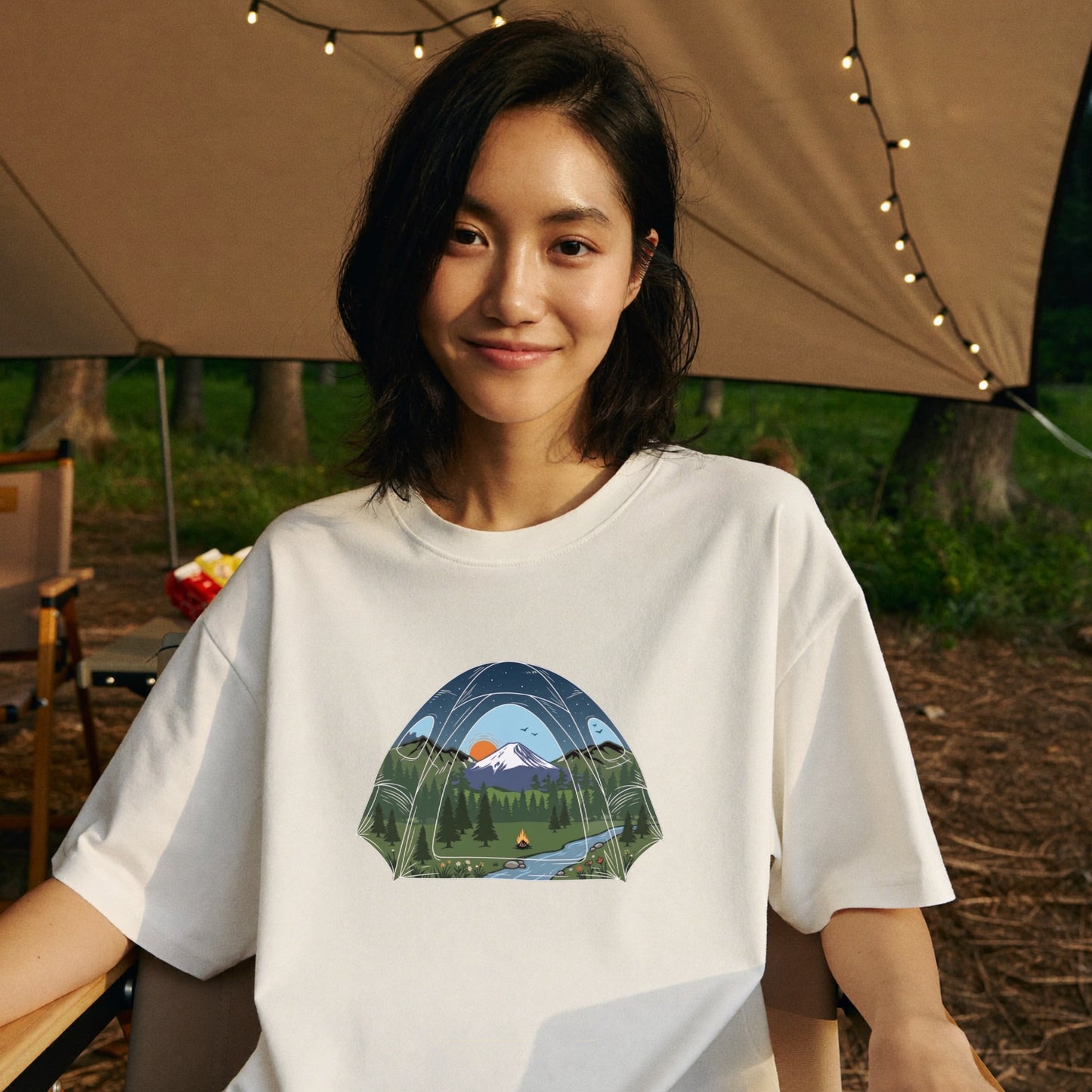おしゃれなテントビュー・自然イラスト Tシャツ | CAMPMODE