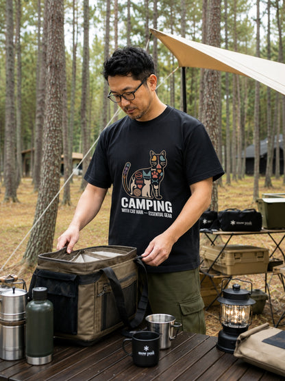 【猫の毛は必須ギア】CAMPING WITH CAT HAIR モザイク猫グラフィック黒Tシャツ | CAMPMODE