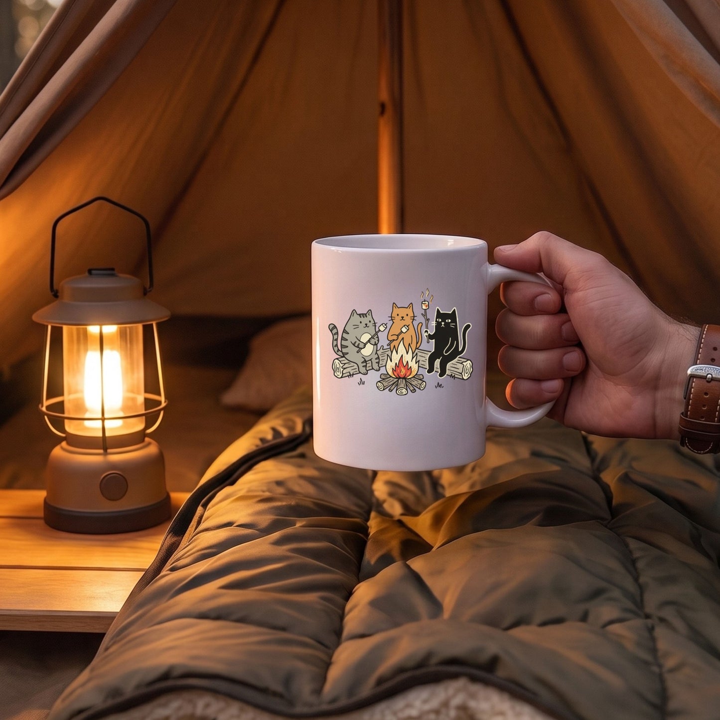 焚き火と猫ちゃんデザイン カフェマグ・コーヒーカップ | CAMPMODE