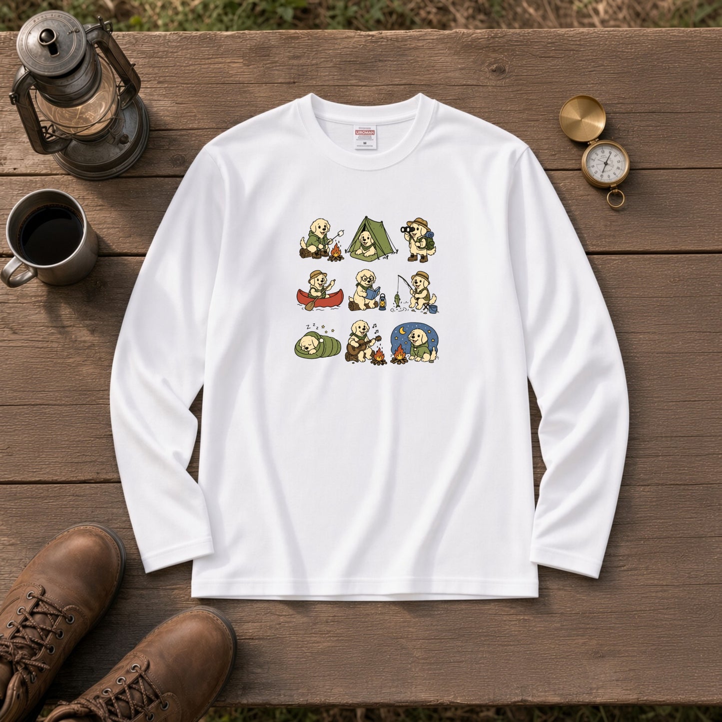 GOLDEN CAMP | 手描き風 ゴールデンレトリバー キャンプギア かわいい グラフィック 長袖Tシャツ【犬雑貨・秋キャンプ・ルームウェア・ギフトに最適】