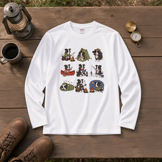 BORDER COLLIE CAMP | 手描き風 ボーダーコリー キャンプギア かわいい グラフィック 長袖Tシャツ【犬雑貨・秋キャンプ・ルームウェア・ギフトに最適】