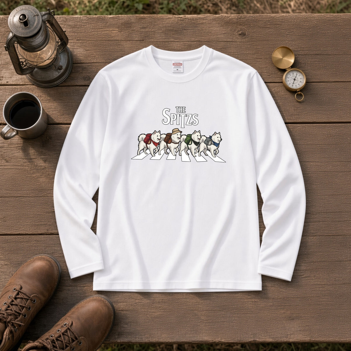 THE SPITZS 日本スピッツ散歩デザイン ブラック長袖Tシャツ