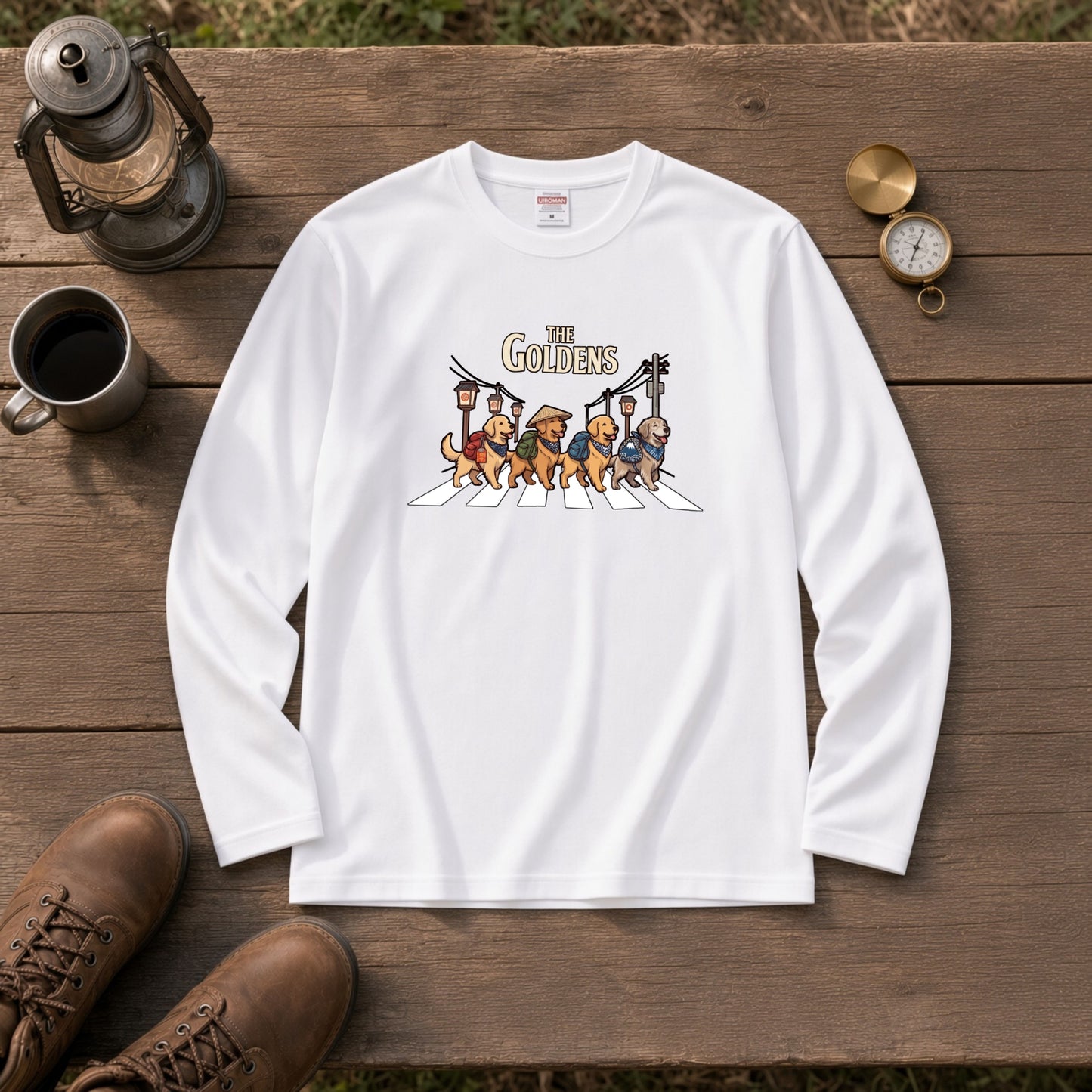 THE GOLDENS ゴールデンレトリバー散歩デザイン ブラック長袖Tシャツ