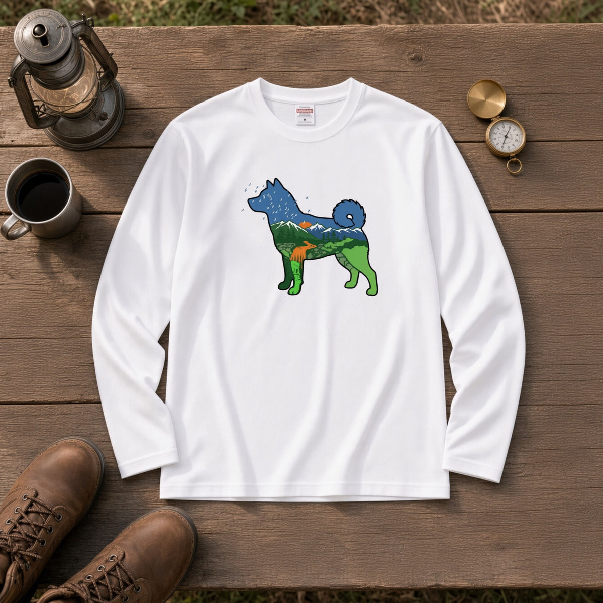NATURE DOG ロンT | 日本犬シルエット 山と森 アートグラフィック 長袖 カジュアル Tシャツ【ドッグウェア・普段着・ルームウェア・ユニセックス・ギフトに最適】