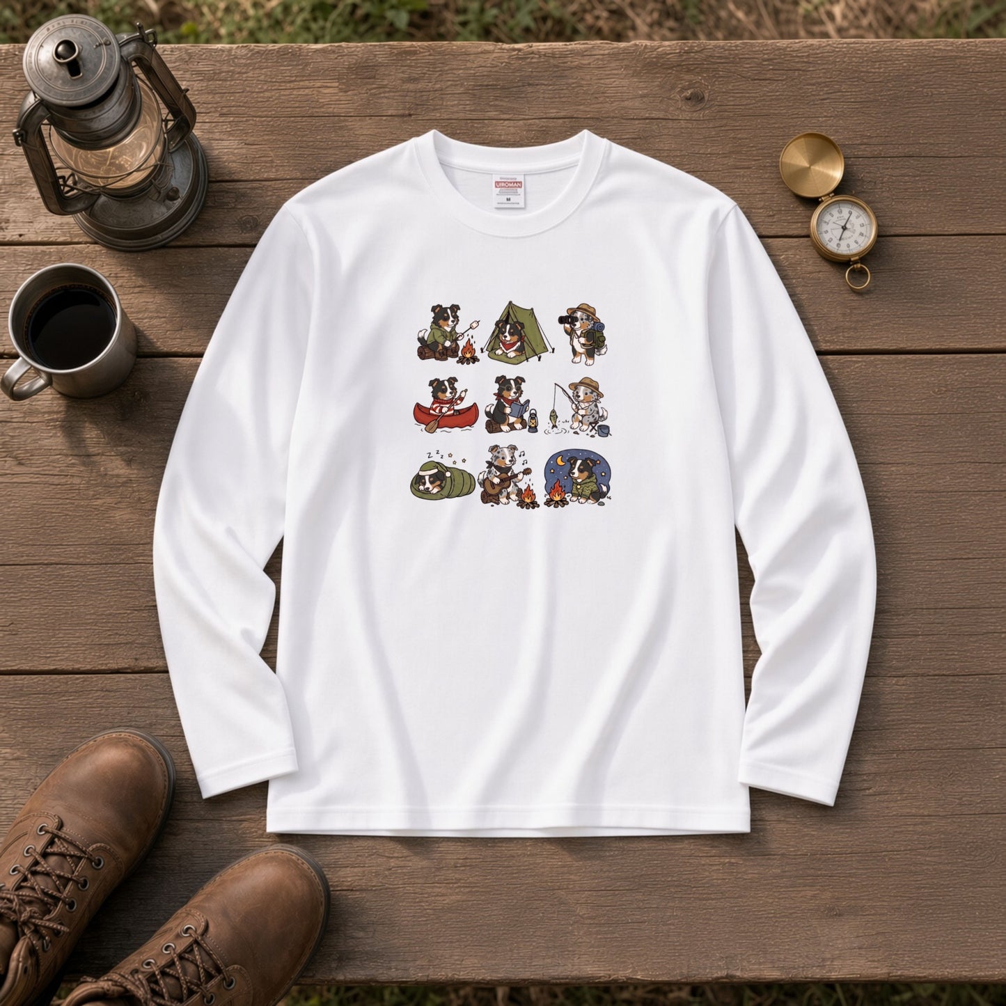 AUSTRALIAN SHEPHERD CAMP | 手描き風 オージー キャンプギア かわいい グラフィック 長袖Tシャツ【犬雑貨・秋キャンプ・ルームウェア・ギフトに最適】