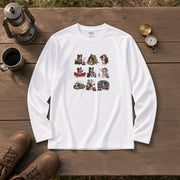 AUSTRALIAN SHEPHERD CAMP | 手描き風 オージー キャンプギア かわいい グラフィック 長袖Tシャツ【犬雑貨・秋キャンプ・ルームウェア・ギフトに最適】