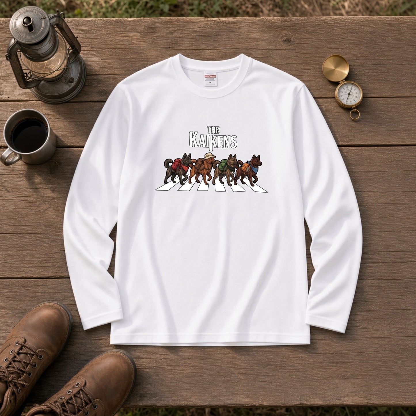 THE KAIKENS 甲斐犬散歩デザイン ブラック長袖Tシャツ