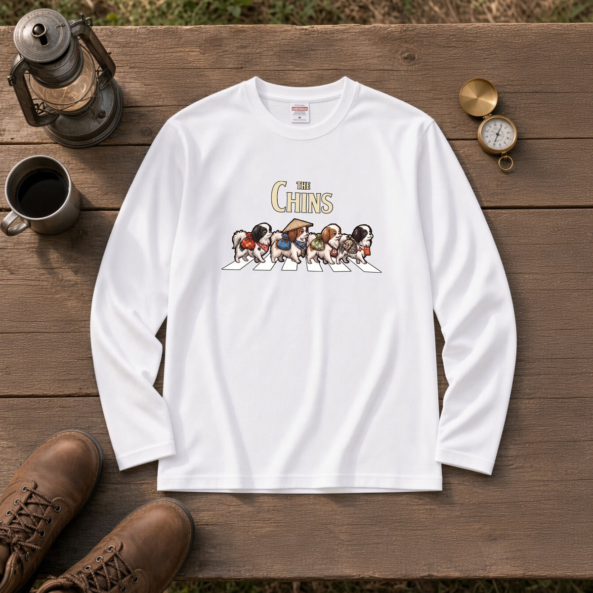 THE CHINS 狆（ちん）散歩デザイン ブラック長袖Tシャツ