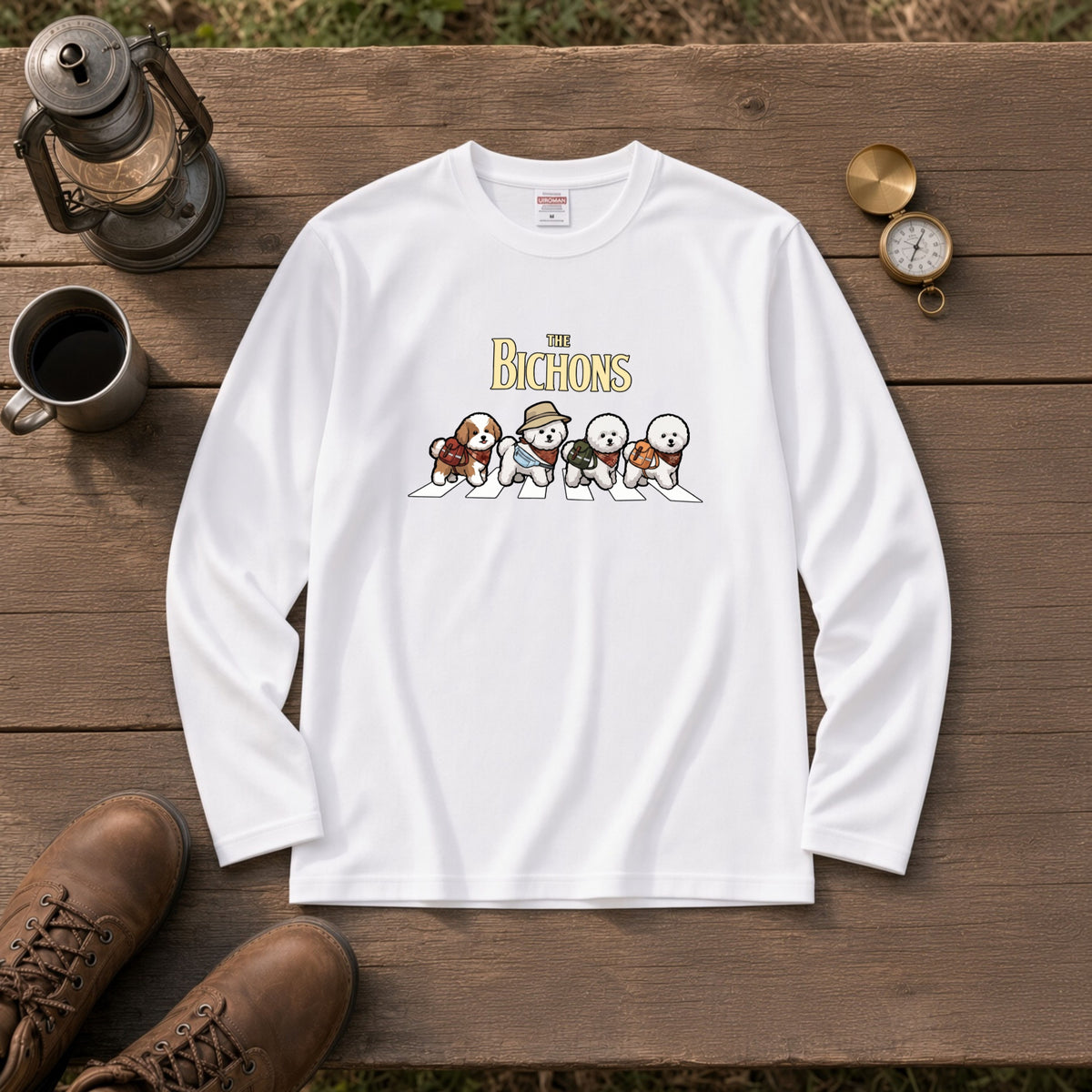 THE BICHONS ビションフリーゼ散歩デザイン ブラック長袖Tシャツ