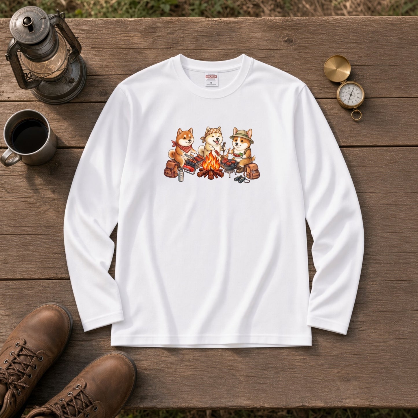 柴犬たちの焚き火BBQ 長袖Tシャツ