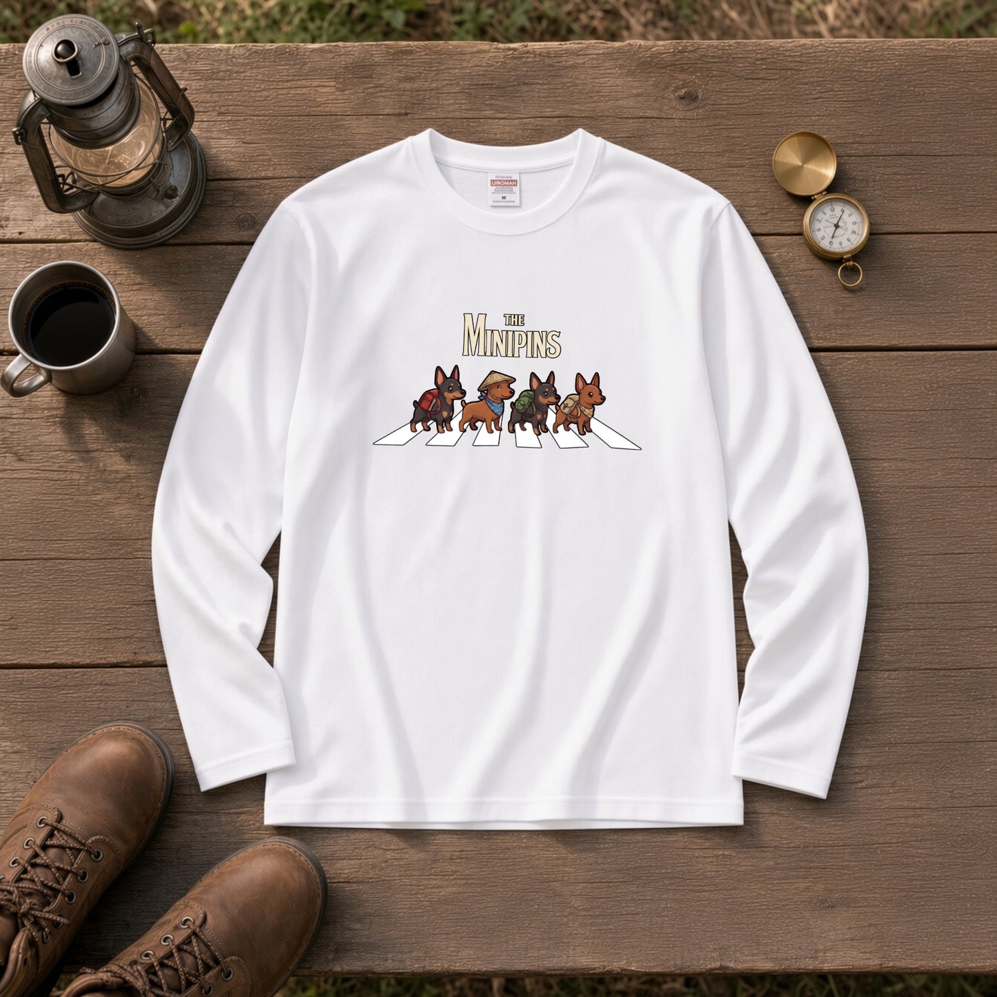 THE MINIPINS ミニチュアピンシャー散歩デザイン ブラック長袖Tシャツ