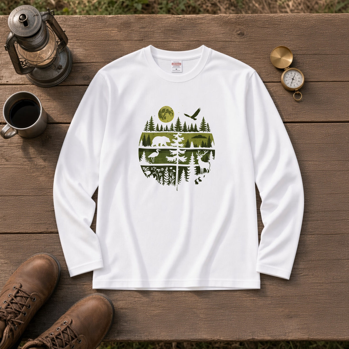 WILDLIFE FOREST ロンT | レトロ サークルグラフィック 森林浴 長袖 カジュアル Tシャツ【アウトドアファッション・普段着・ルームウェア・ユニセックス・ギフトに最適】