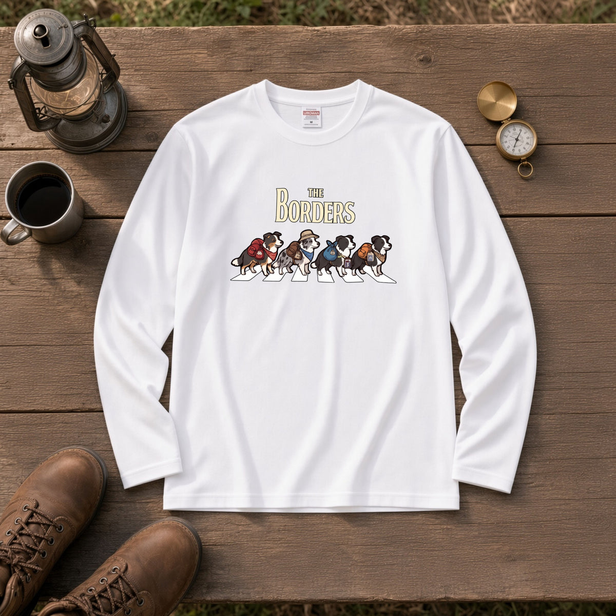 THE BORDERS ボーダーコリー散歩デザイン ブラック長袖Tシャツ