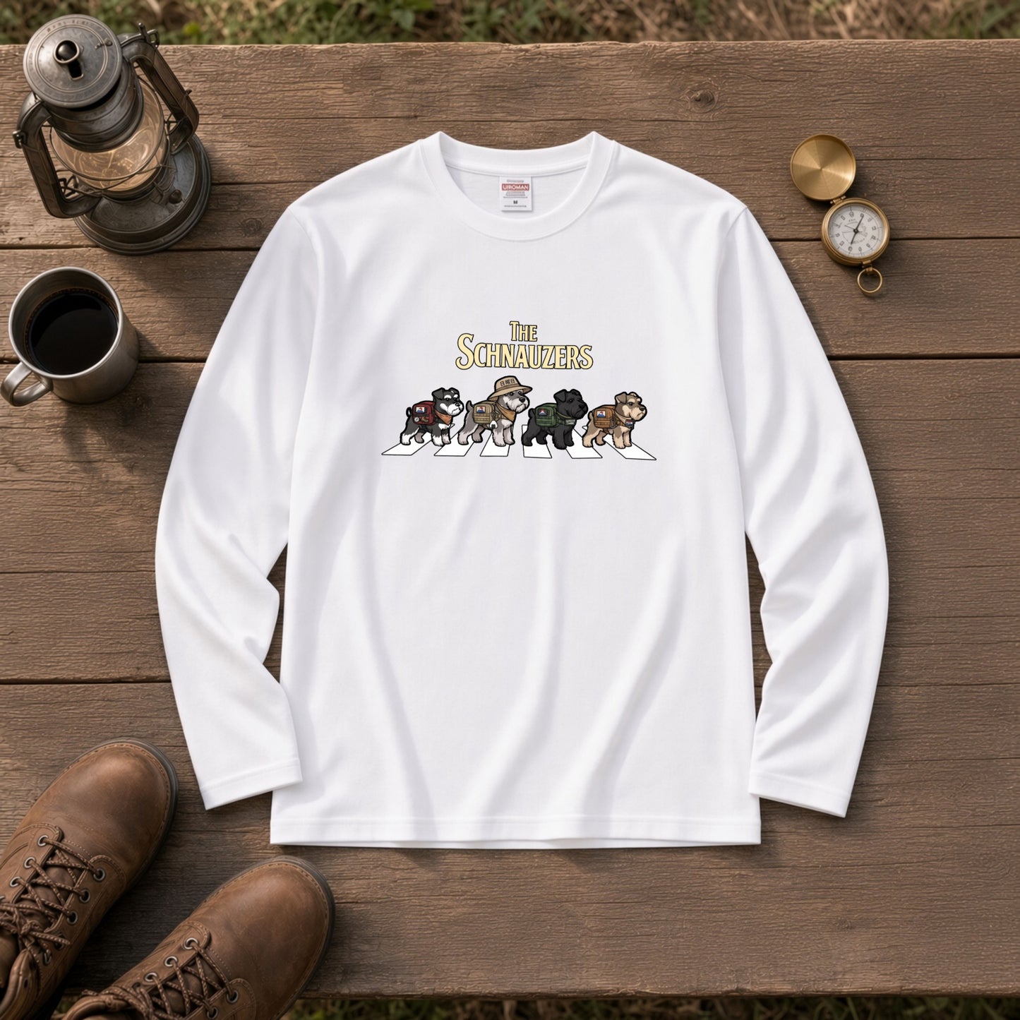 THE SCHNAUZERS ミニチュアシュナウザー散歩デザイン ブラック長袖Tシャツ