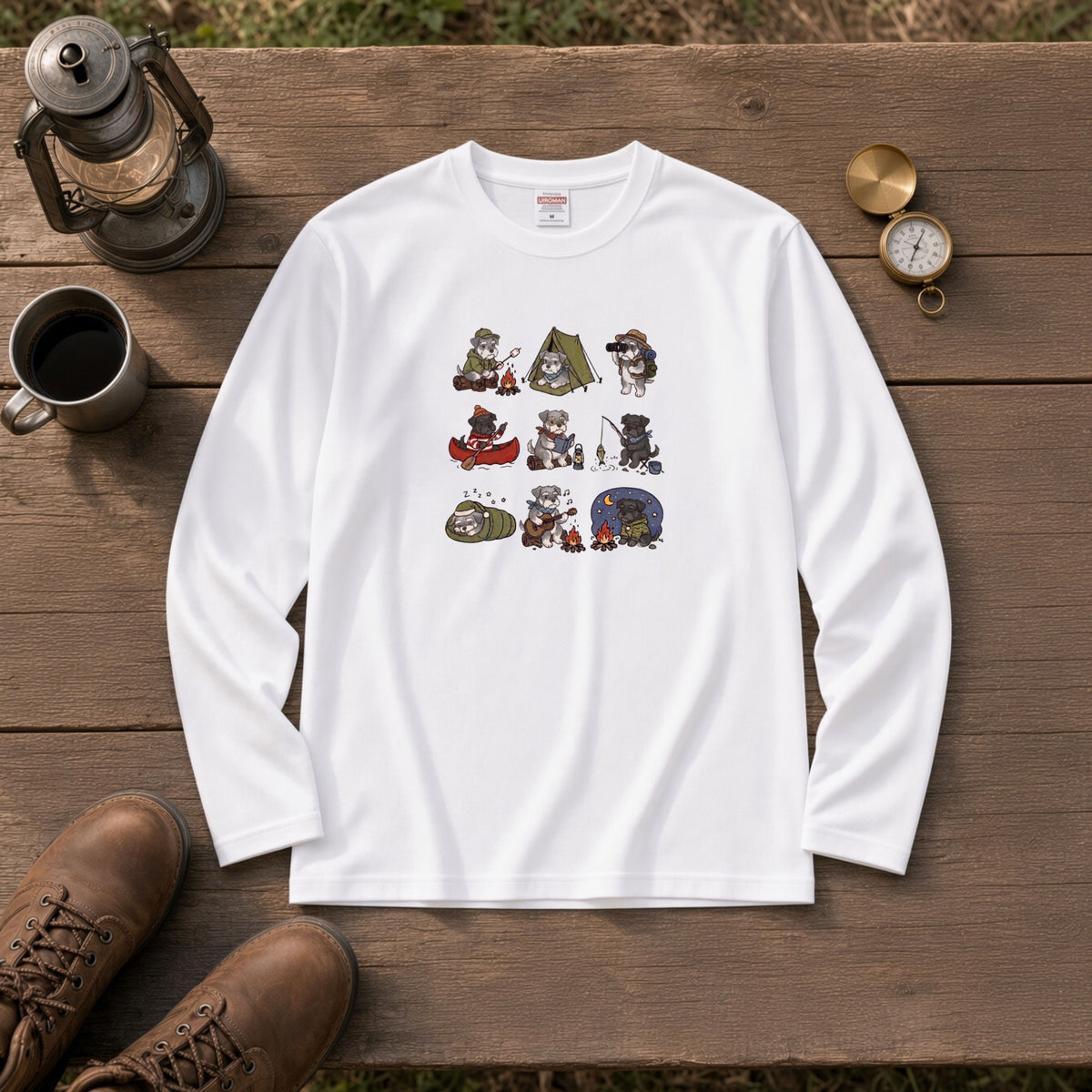 SCHNAUZER CAMP | 手描き風 シュナウザー キャンプギア かわいい グラフィック 長袖Tシャツ【犬雑貨・秋キャンプ・ルームウェア・ギフトに最適】