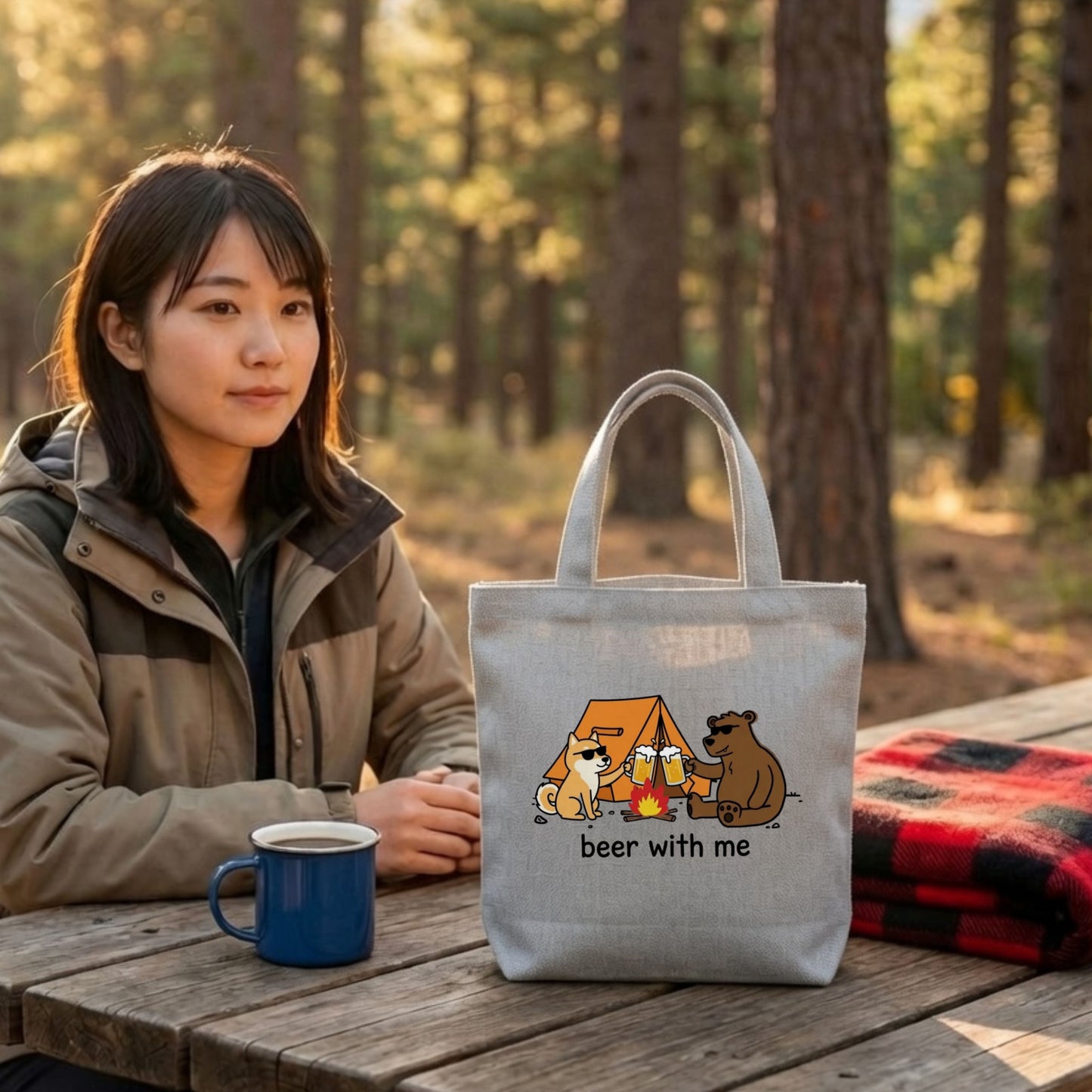 「beer with me」柴犬と熊のキャンプ・アウトドア用トートバッグ | CAMPMODE