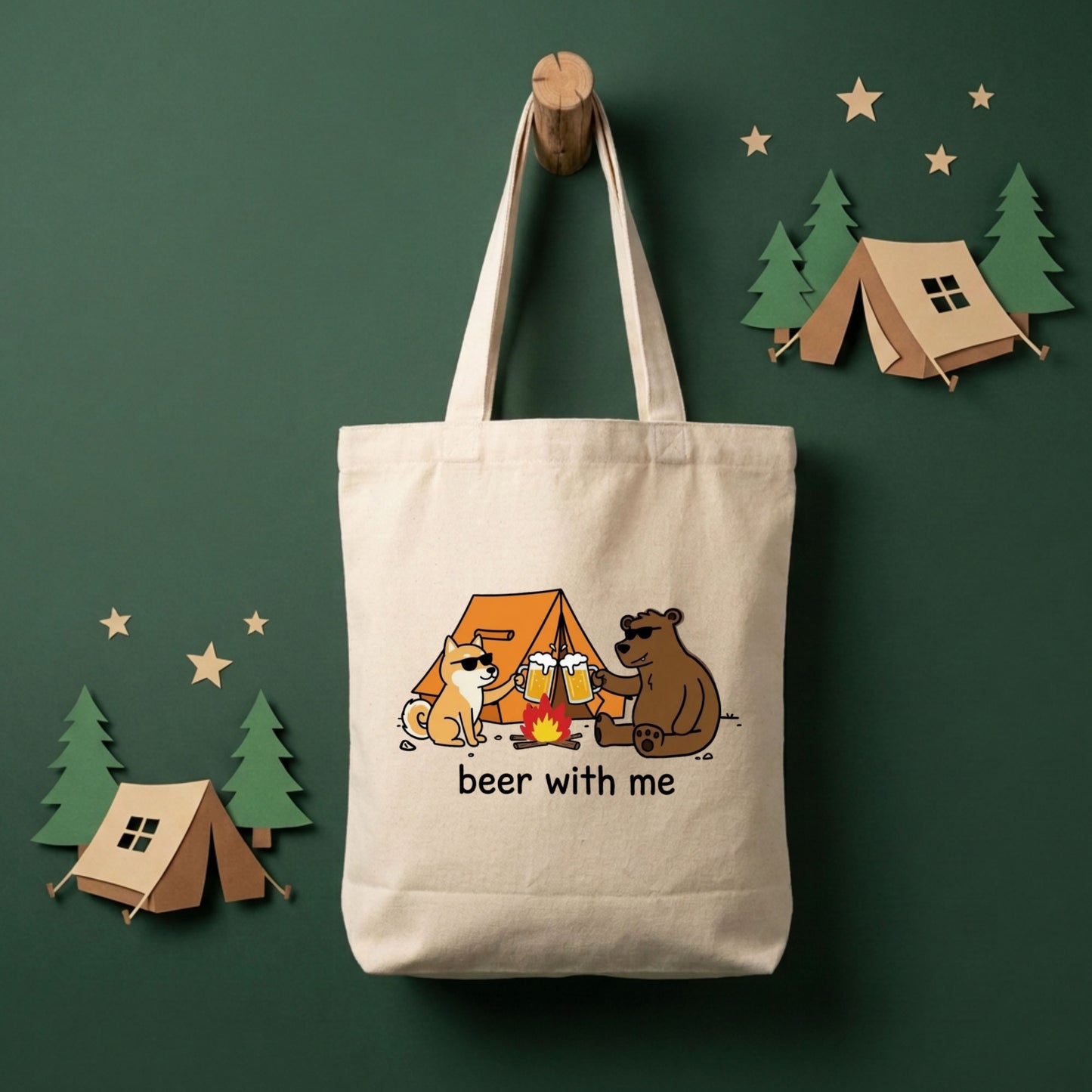 「beer with me」柴犬と熊のキャンプ・アウトドア用トートバッグ | CAMPMODE