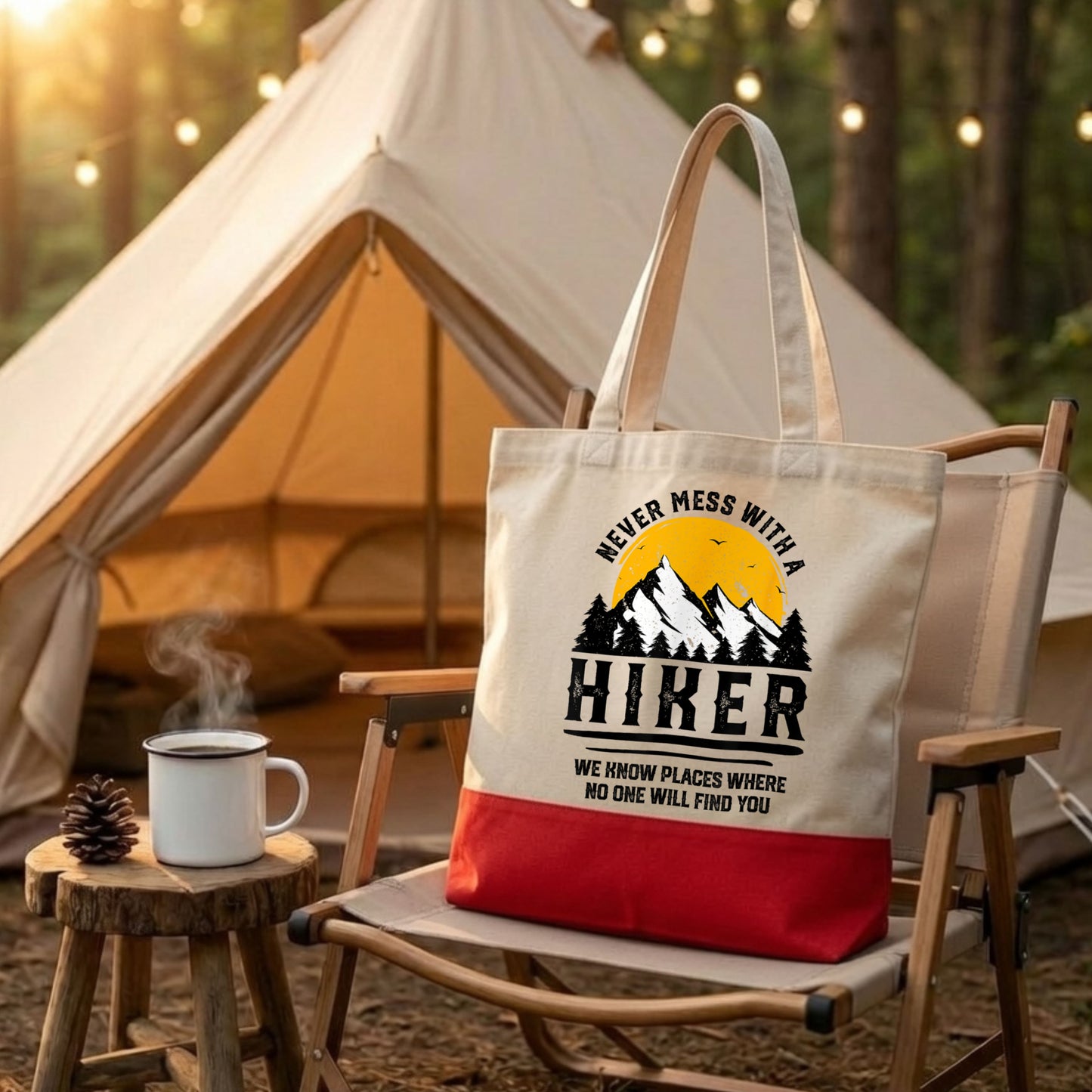 【ハイカー・登山家】「NEVER MESS WITH A HIKER」キャンバストートバッグ | CAMPMODE