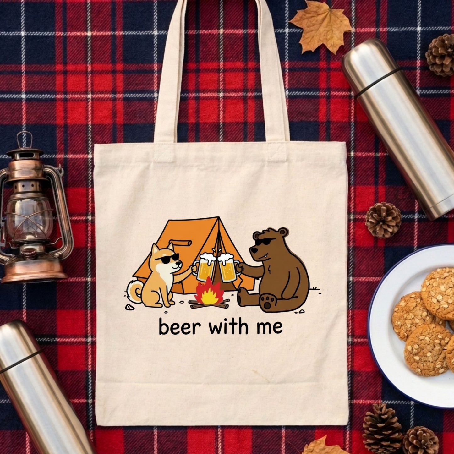 「beer with me」柴犬と熊のキャンプ・アウトドア用トートバッグ | CAMPMODE