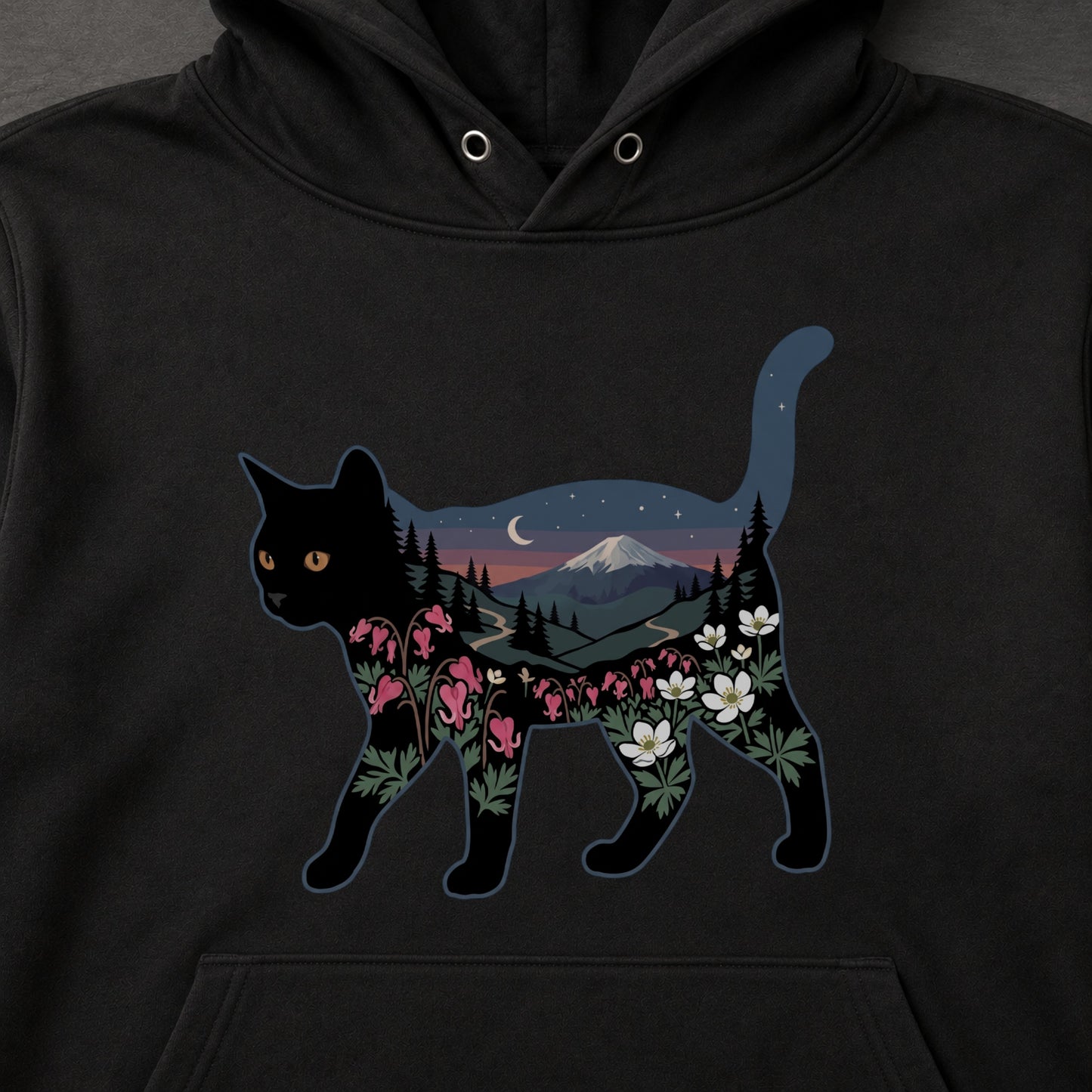 富士山と花咲く夜空 黒猫パーカー