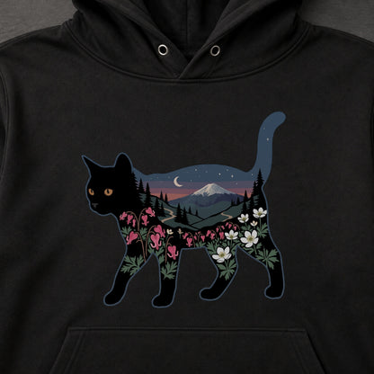 富士山と花咲く夜空 黒猫パーカー