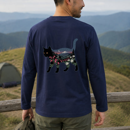 富士山と花咲く夜空 黒猫ロングスリーブTシャツ｜バックプリント