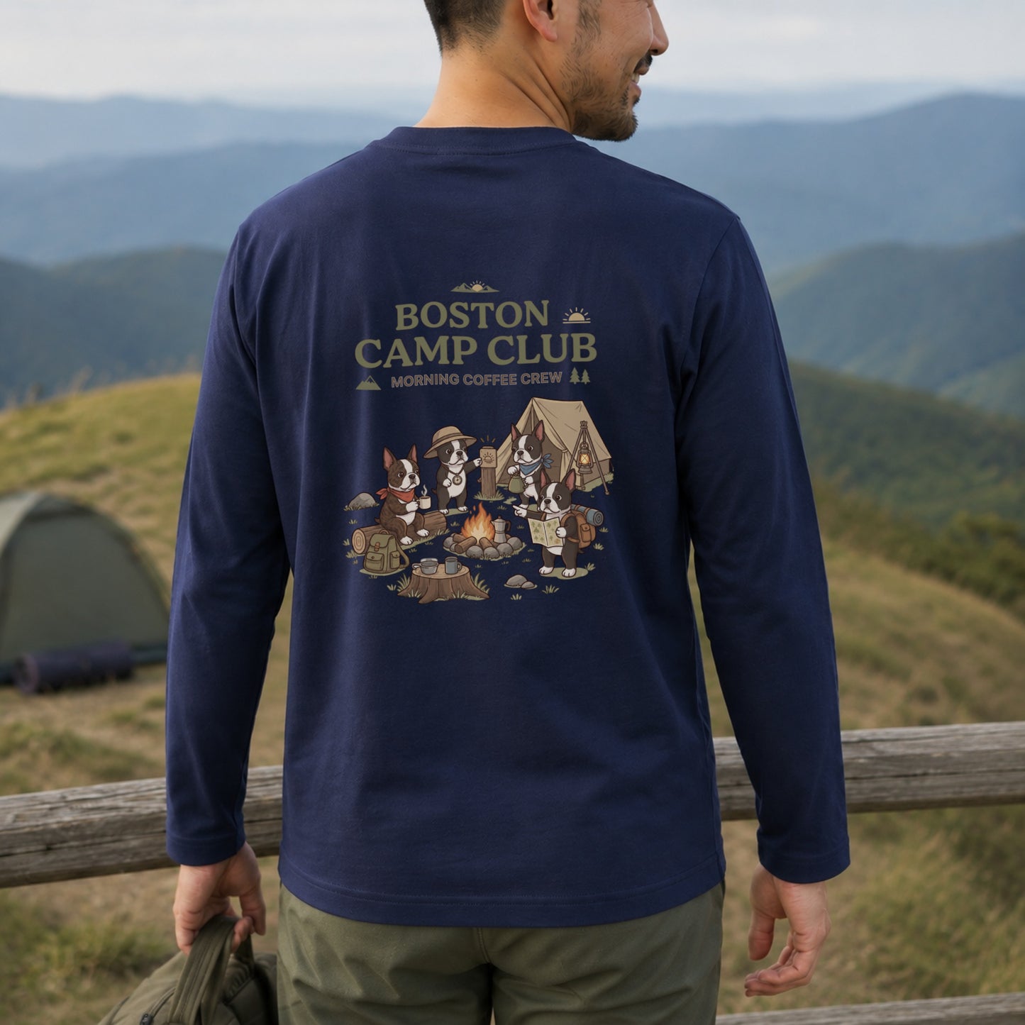 BOSTON CAMP CLUB ボストンテリア キャンプ バックプリント長袖Tシャツ