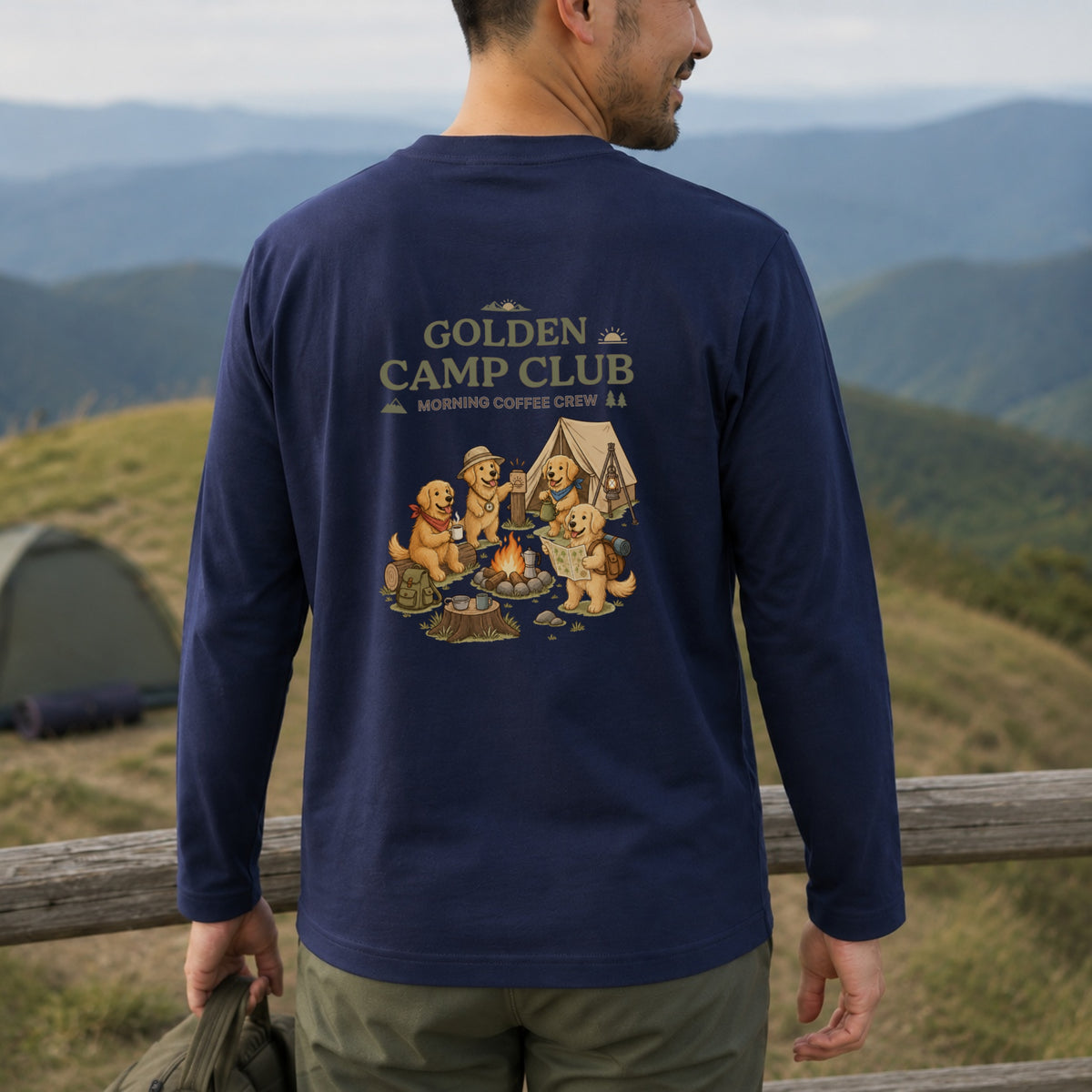 GOLDEN CAMP CLUB ゴールデンレトリバー キャンプ バックプリント長袖Tシャツ