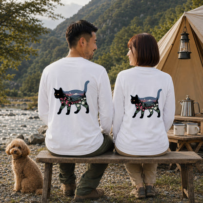 富士山と花咲く夜空 黒猫ロングスリーブTシャツ｜バックプリント