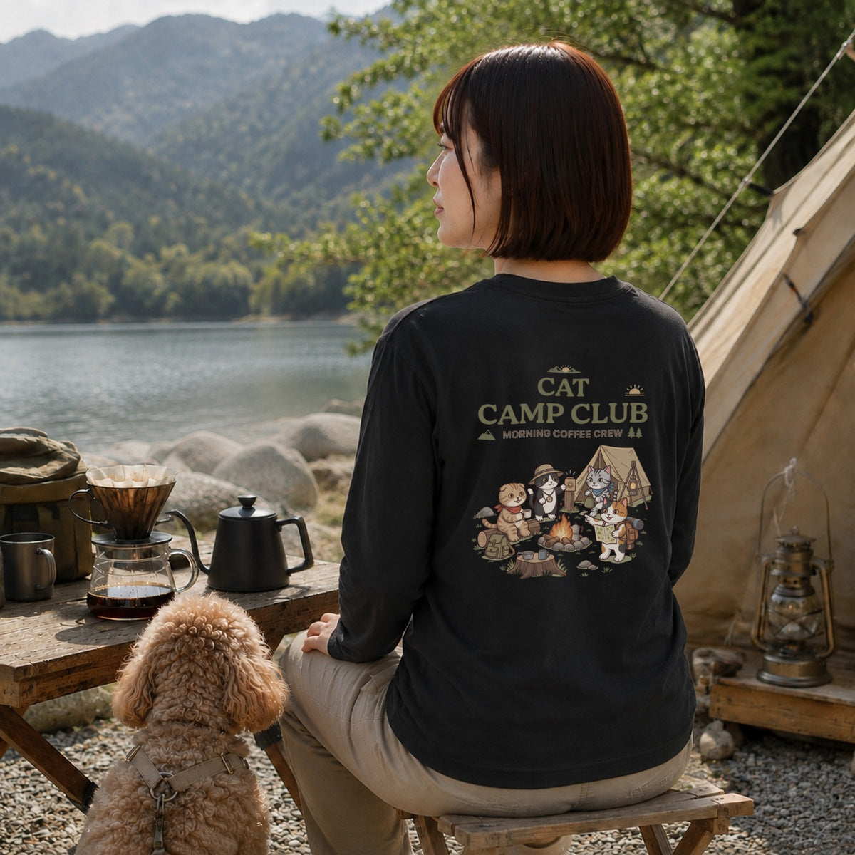 CAT CAMP CLUB 猫 キャンプ バックプリント長袖Tシャツ