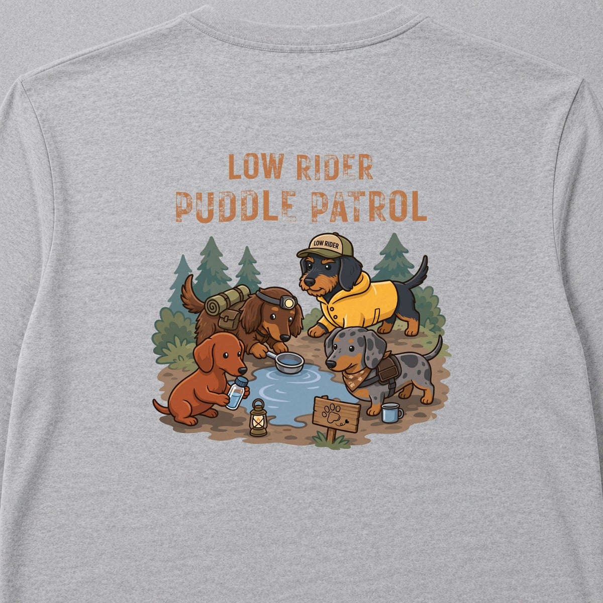 LOW RIDER PUDDLE PATROL ダックスフンド ロングスリーブTシャツ｜バックプリント