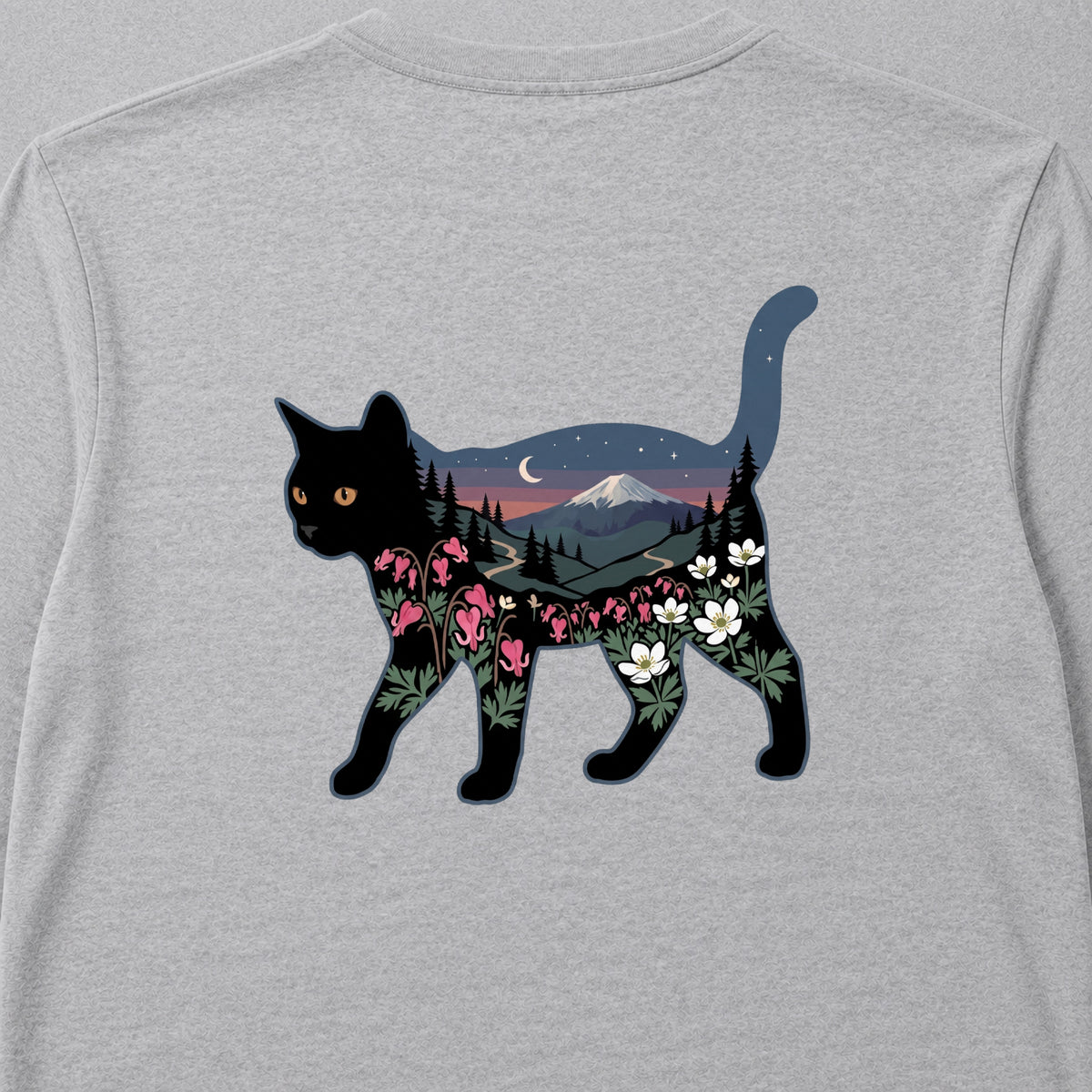 富士山と花咲く夜空 黒猫ロングスリーブTシャツ｜バックプリント