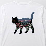 富士山と花咲く夜空 黒猫ロングスリーブTシャツ｜バックプリント