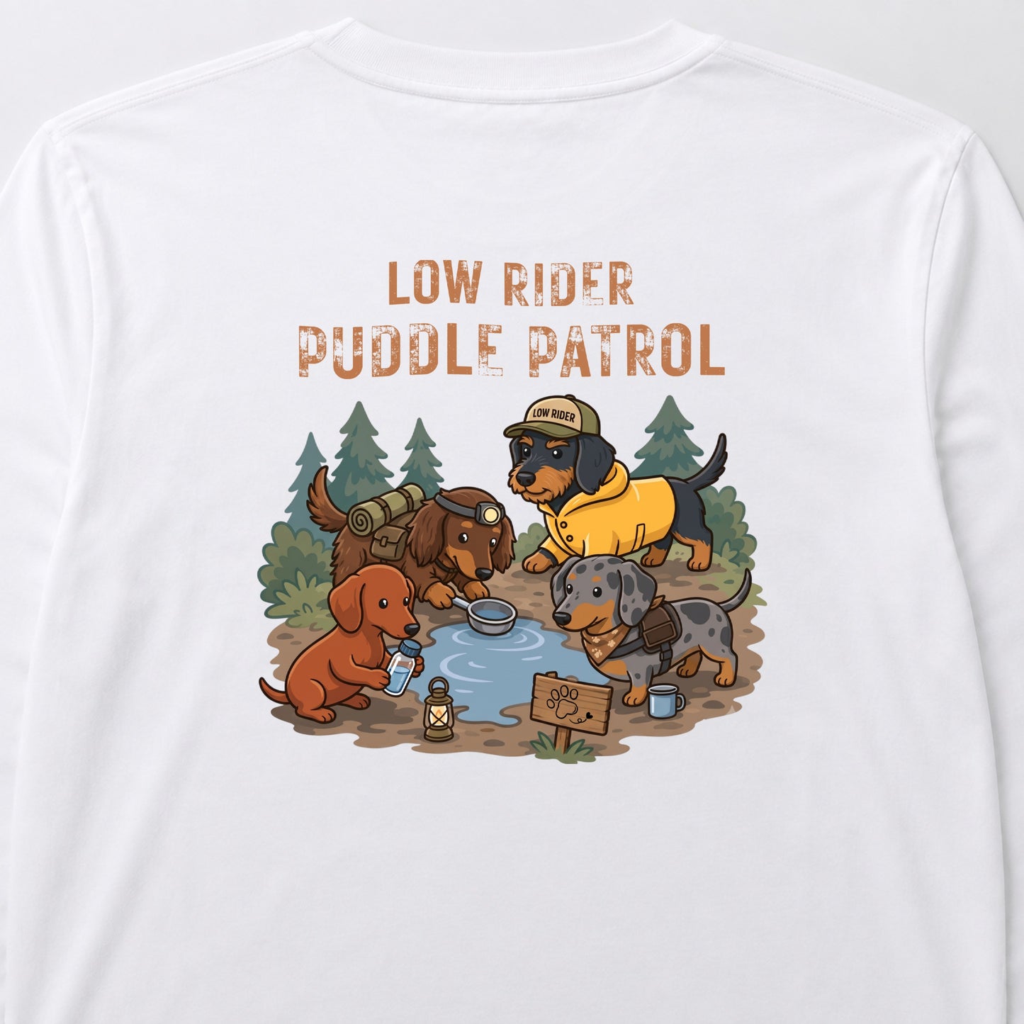 LOW RIDER PUDDLE PATROL ダックスフンド ロングスリーブTシャツ｜バックプリント