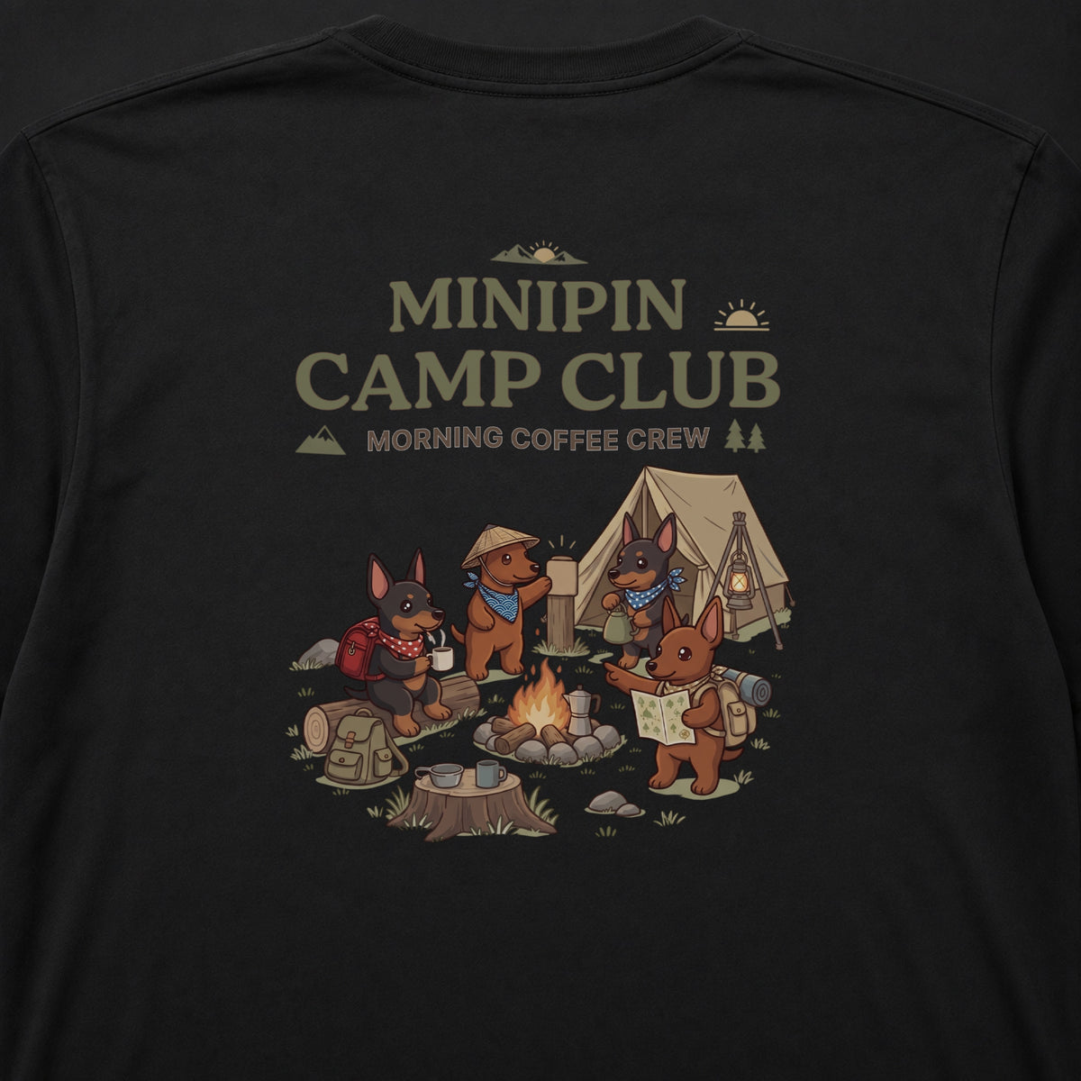 MINIPIN CAMP CLUB ミニチュアピンシャー キャンプ バックプリント長袖Tシャツ